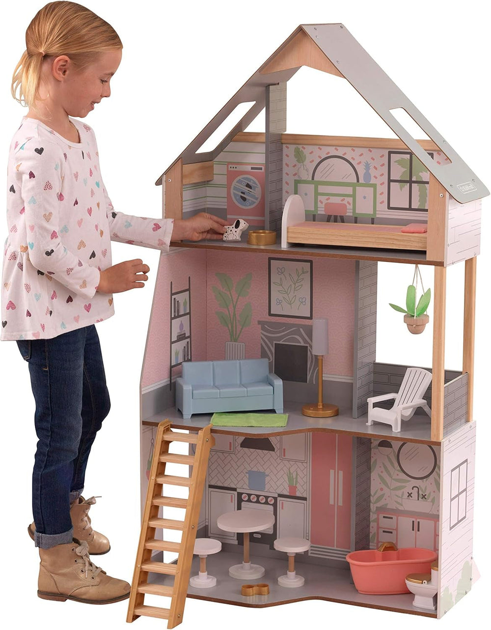 Kidkraft Alina Maison de poupée en bois avec meubles et accessoires pour poupées de 30 cm, ensemble de jeu à 3 niveaux avec chien et escalier mobile, jouet pour 3 ans, 10229 Naty Shop Dollhouses Default Title