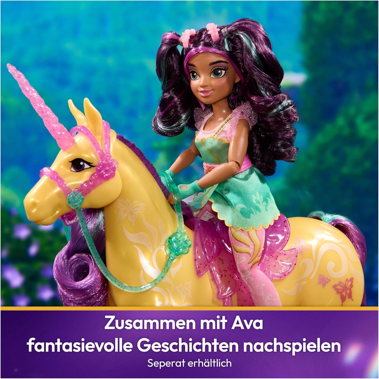 Unicorn Leaf Unicorn Academy - Licorne Ava originale de 28 cm de haut de la série Netflix avec une vraie crinière et une vraie queue, une bride, une selle et une brosse amovibles, pour les enfants à partir de 4 ans