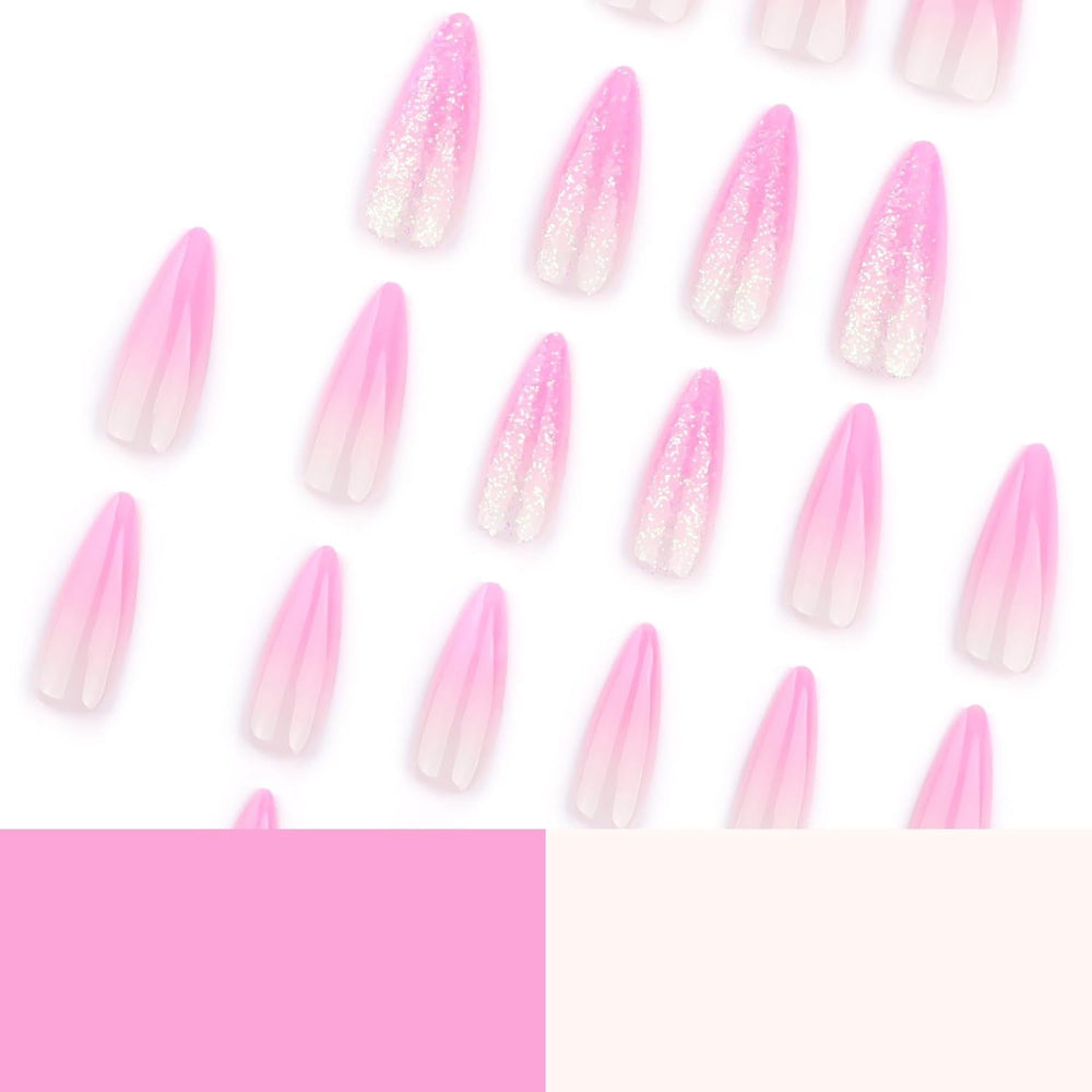 Moonglow longs ongles Stiletto laiteux blanc rose dégradé paillettes Cool faux ongles avec colle rose Ombre paillettes ongles artificiels