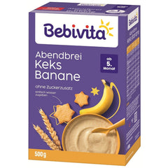 Terci de seară cu biscuiți și banane (4x500g), terci de lapte de la 5 luni, fără zahăr adăugat, cu minerale și vitamine valoroase, foarte sățios