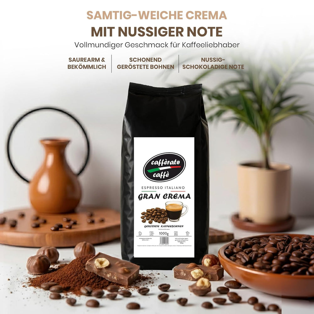 Cafferato Caffè Gran Crema – 1 kg de café en grains | Expresso italien | Faible acidité, avec des notes de noix et de chocolat | Grains entiers pour expresso et café de spécialité | Avec valve de saveur