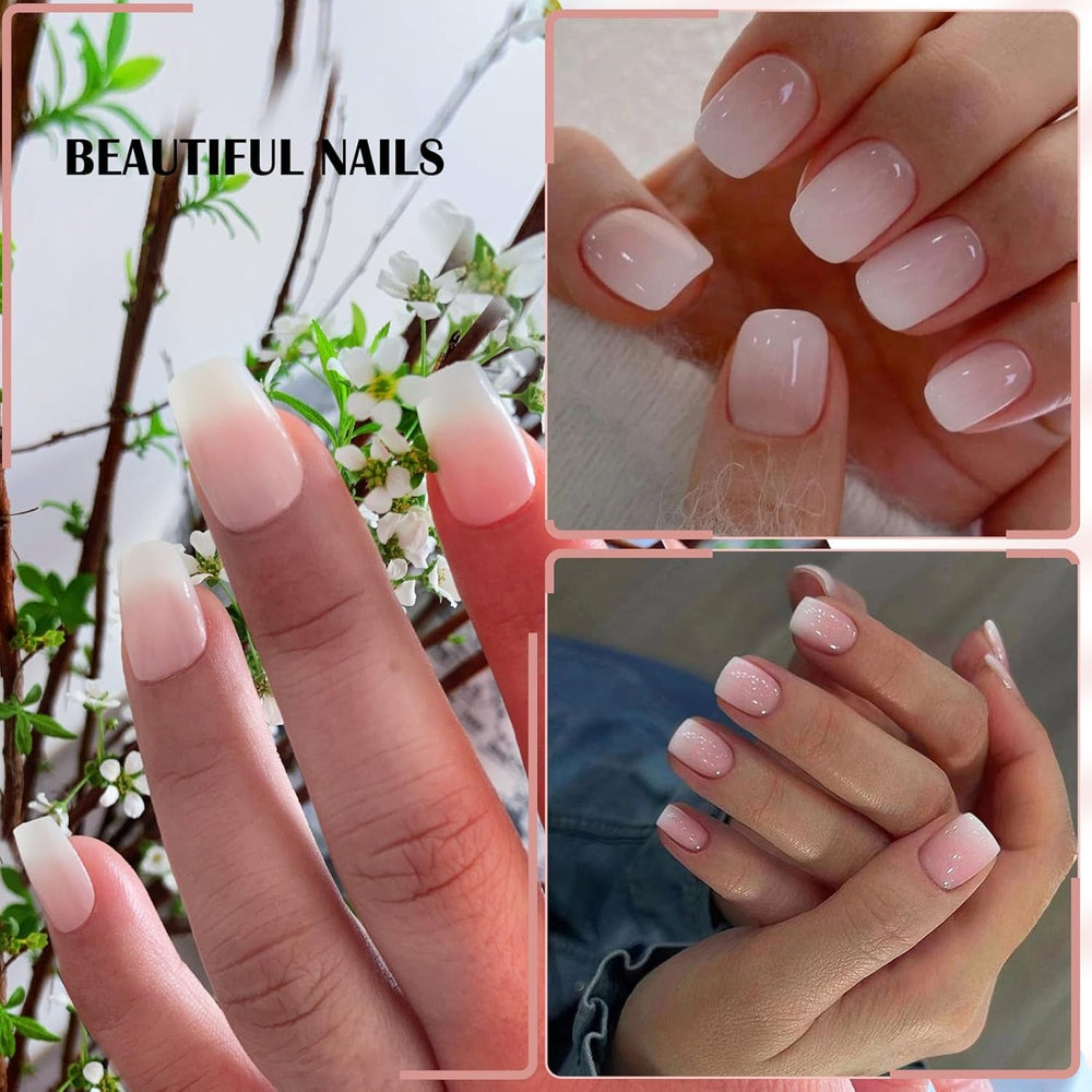 Ensemble de faux ongles adhésifs – Faux ongles français – 24 pièces, design carré court, ongles artificiels dégradés blanc et rose, manucure ballerine (dégradé rose court)