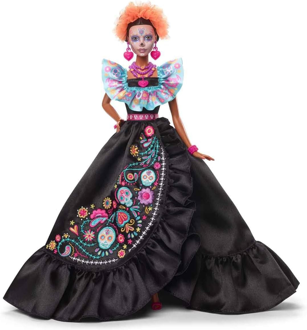 Poupée Barbie Signature, Figurine de collection Día De Muertos 2024 en robe noire et haut bleu à volants, imprimé brodé et accessoires colorés, HRM72