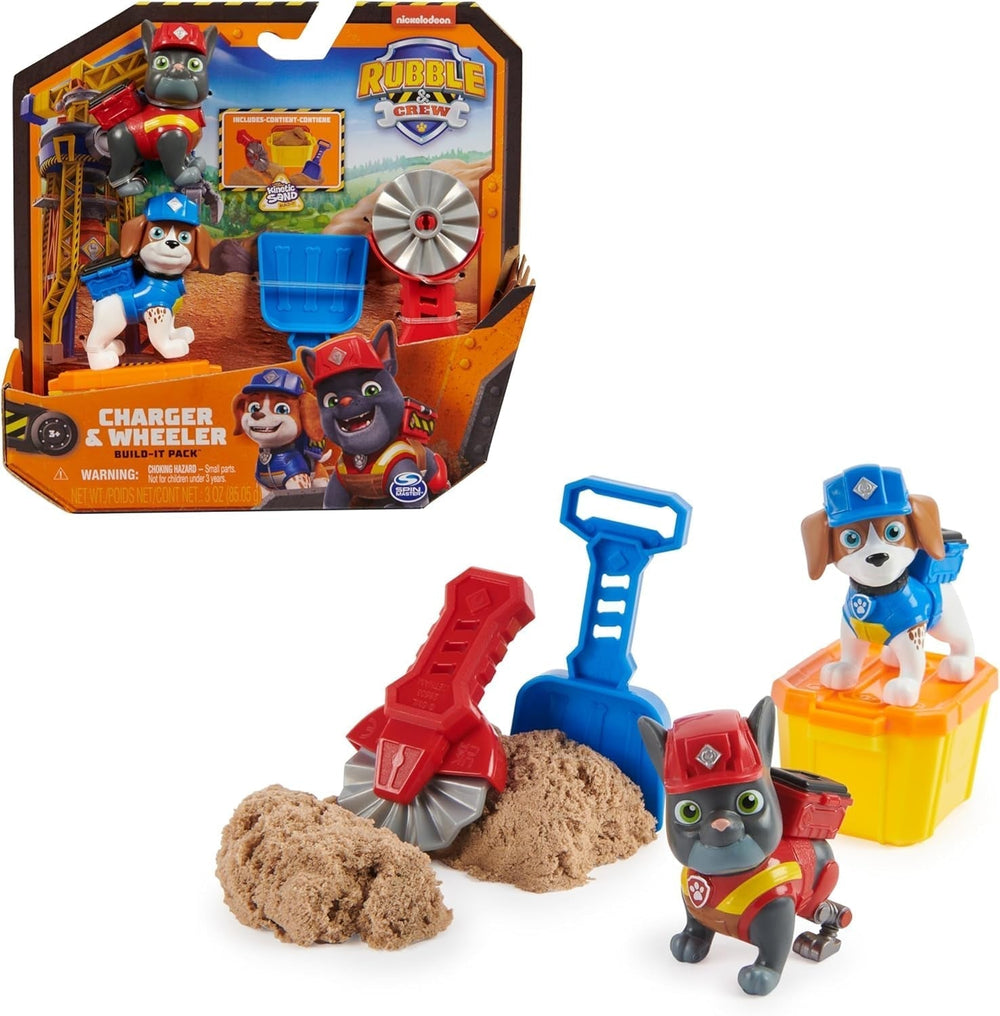 Rubble & Crew - Ensemble de figurines Rubble & Mix, 2 jouets de construction et 85 g de sable de construction cinétique, jouet adapté aux enfants de 3 ans et plus. Naty Shop Charger Wheeler