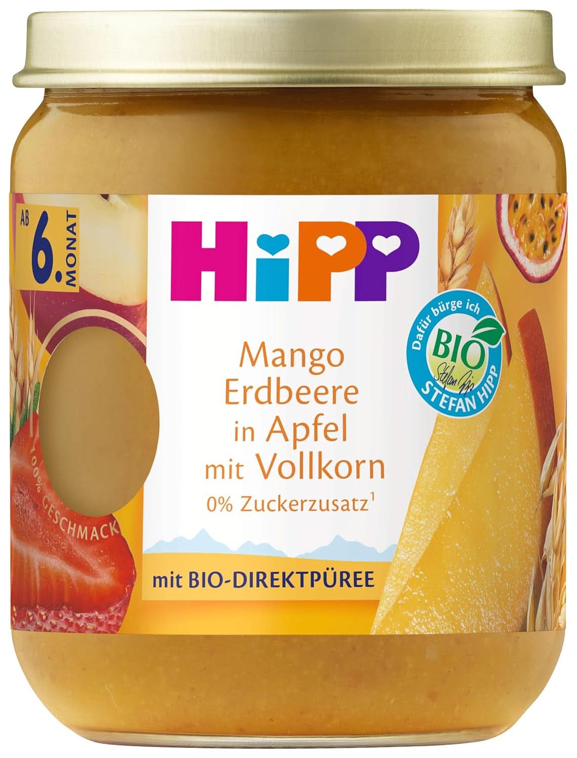 Hipp Fructe organice și cereale Mango Căpșuni în piure de măr cu cereale integrale, Pachet de 6 (6X160G) Mama si Copilul Naty Shop