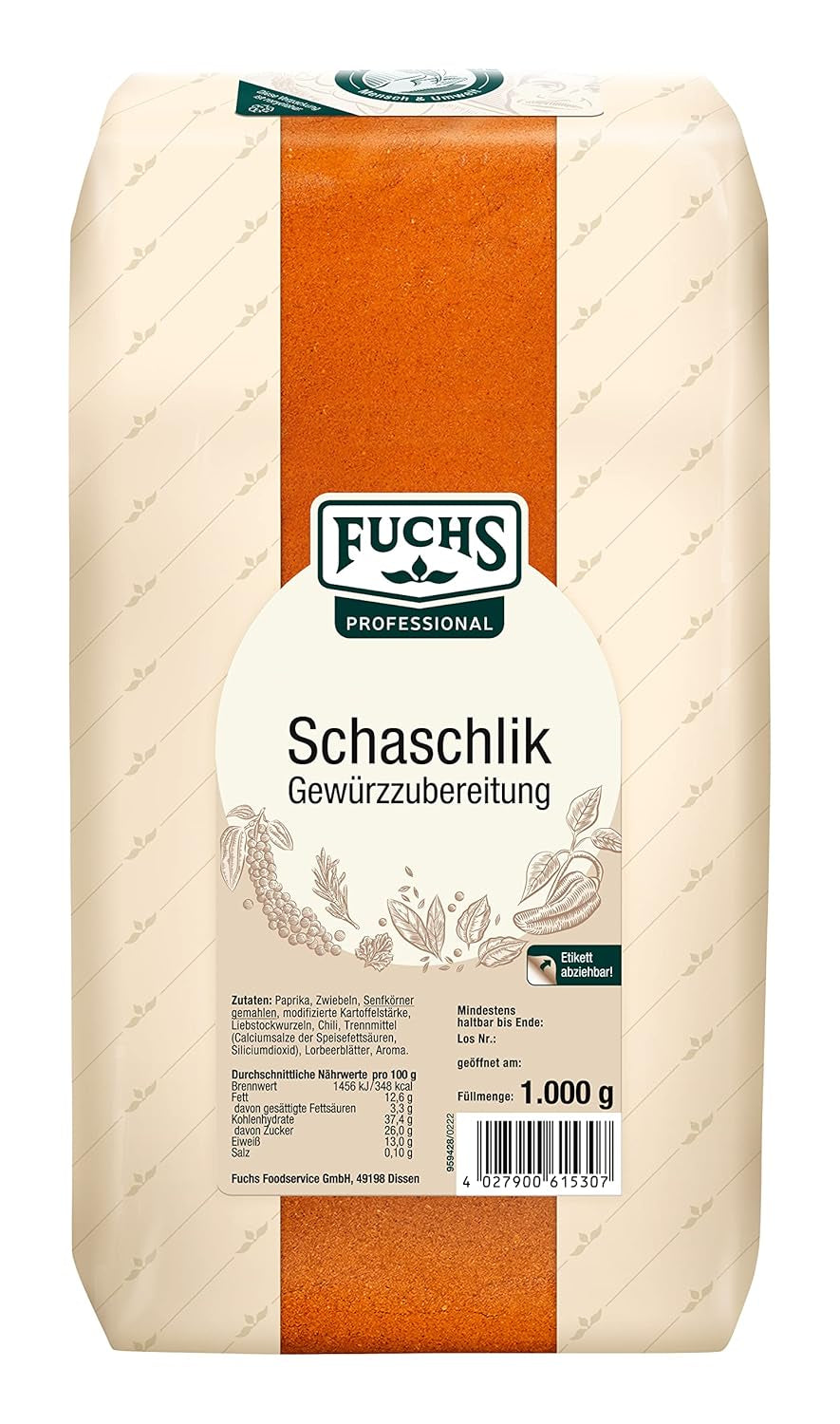 Fuchs Professional - Schaschlik Gewürzmischung | Zum Würzen/Marinieren von gebratenem ou gegrillten Fleisch | Qualité professionnelle pour grossistes | Sac recyclable de 1 kg