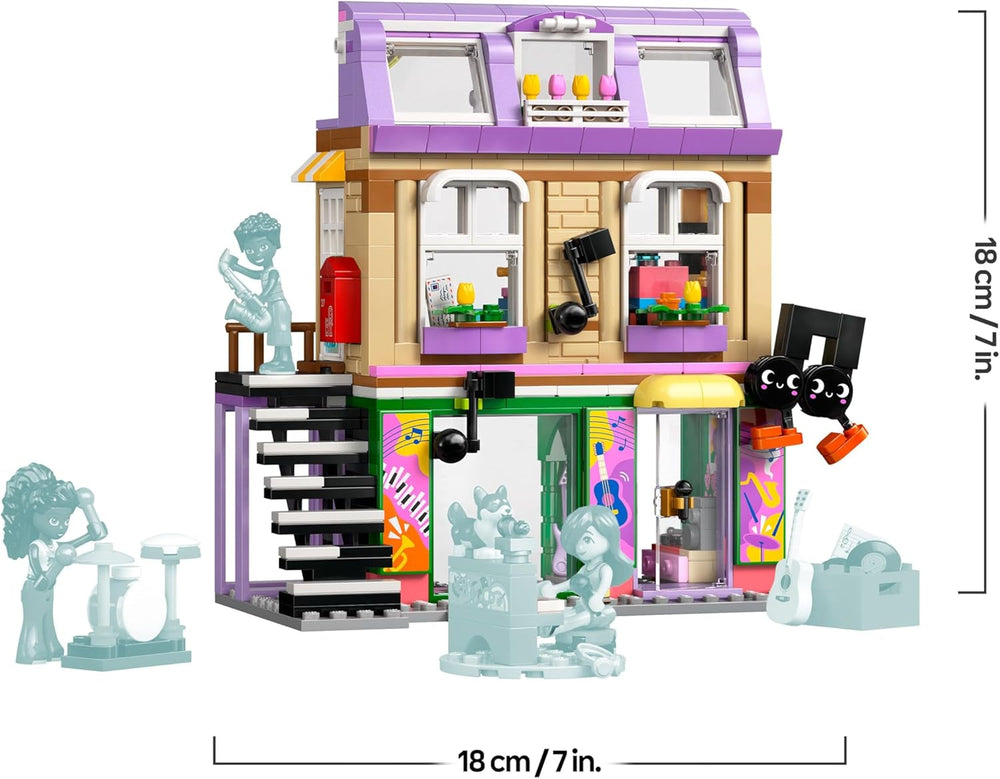 LEGO Friends Musikladen & Wohnung - Spielzeug mit 3 Mini-Puppen, Einer Corgi Tierfigur und Musikinstrumenten wie Klavier, Schlagzeug, Gitarren & Zubehör - Geschenk für Mädchen ab 7 Jahren - 42653
