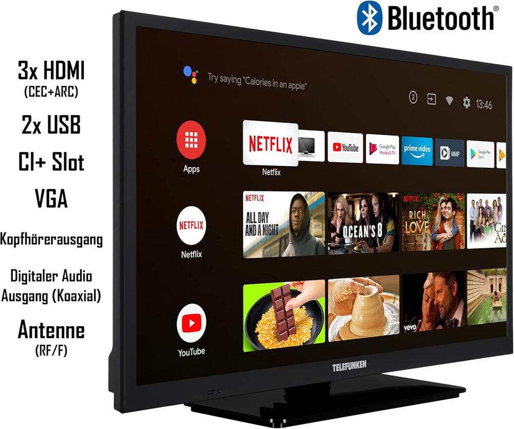 TELEFUNKEN XH24AN550MV Televizor de 24 inch/Smart TV cu Android (HD Ready, HDR, triplu tuner, 12 volți, Bluetooth) [2023]