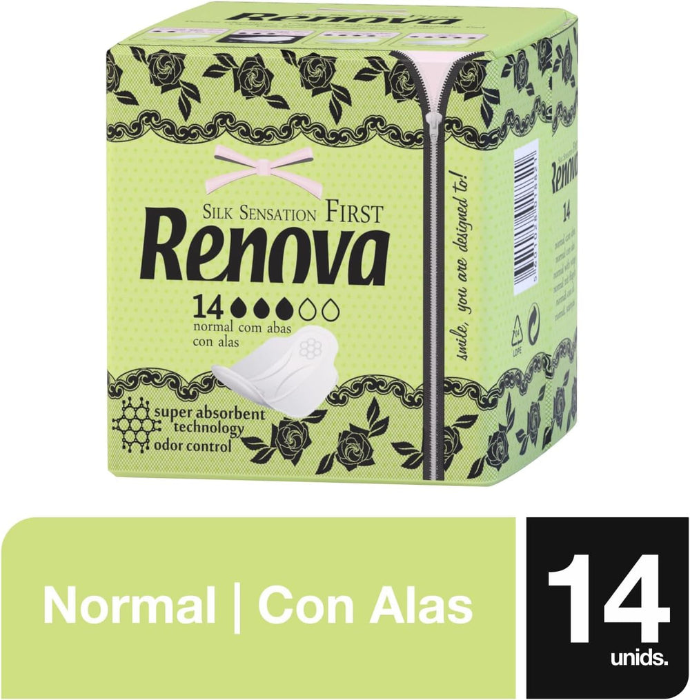 Rénovez les premières compresses normales avec des ailes | 14 comprimés | Ultra fin et super absorbant.