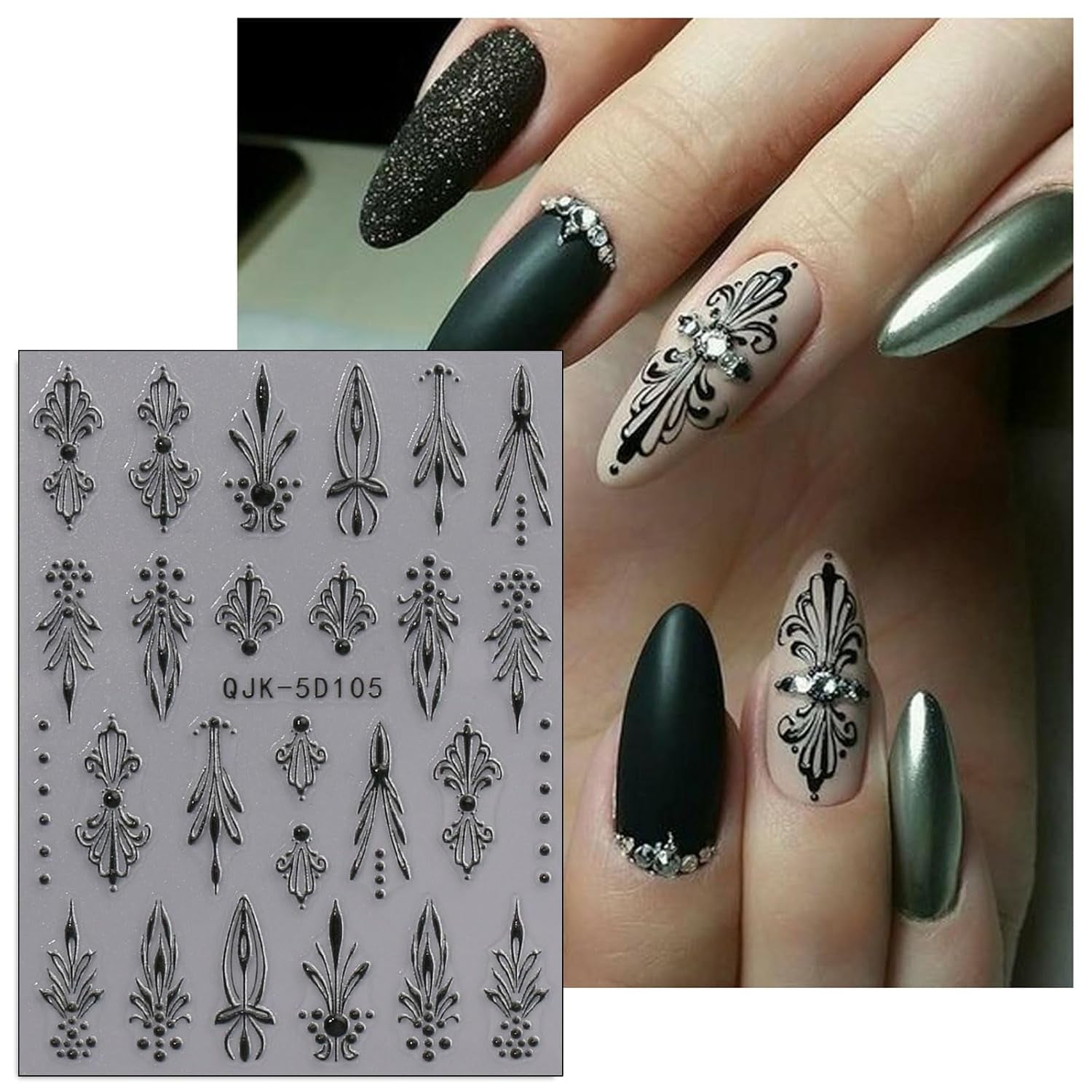 JMEOWIO Autocollants pour ongles 3D Noir Blanc Fleurs Nail Art Autocollants Autocollants pour ongles 5D Stéréoscopiques Fleurs Décoration Nageldesign Zubehör 4 Blatt