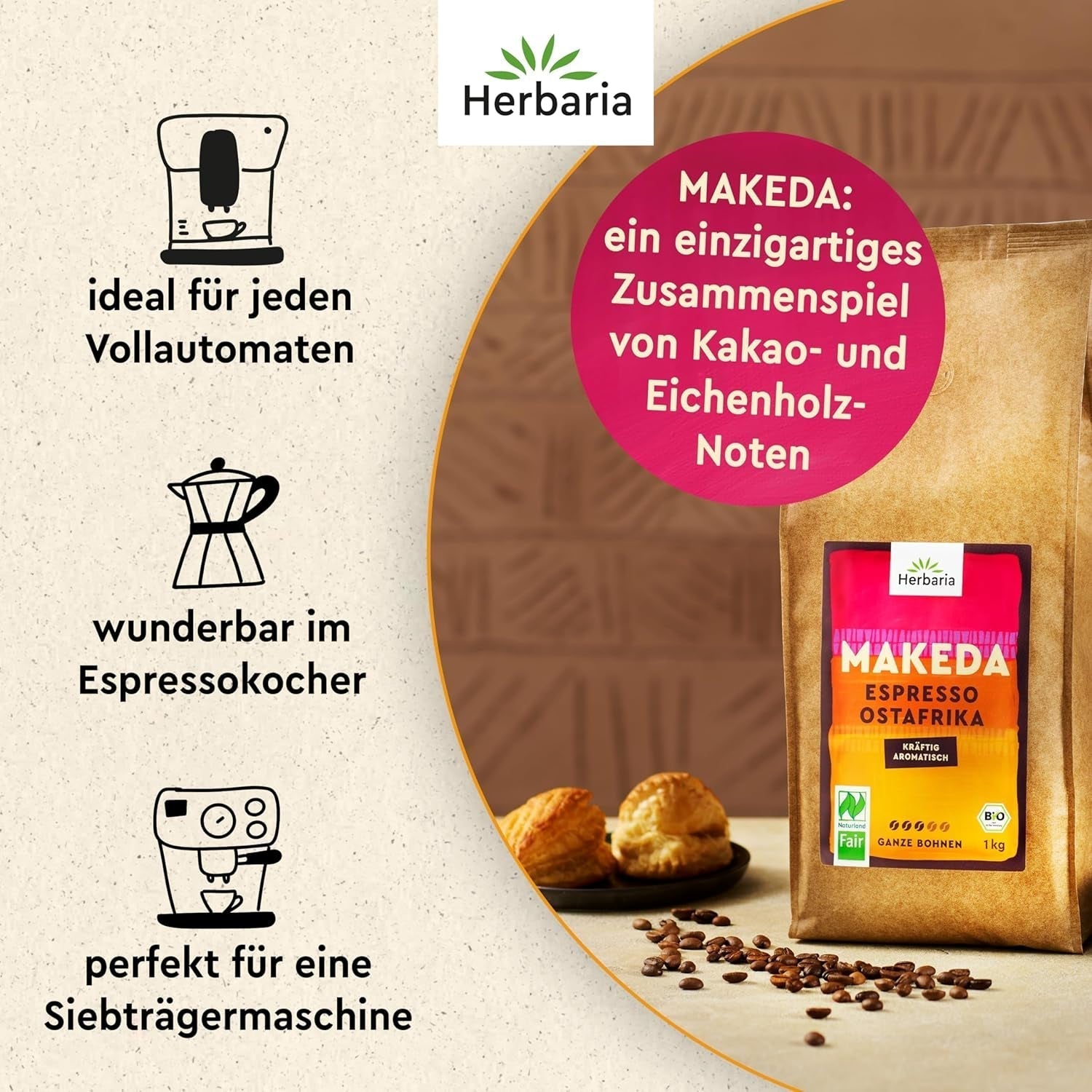Herbaria MAKEDA Espresso En Grains Bio 1Kg - Certifié Naturland Fair d'Afrique de l'Est - Arômes torréfiés avec cacao et notes de bois de chêne - grains de café biologiques parfaits pour les filtres portables et les machines à café automatiques Cafea Naty Shop