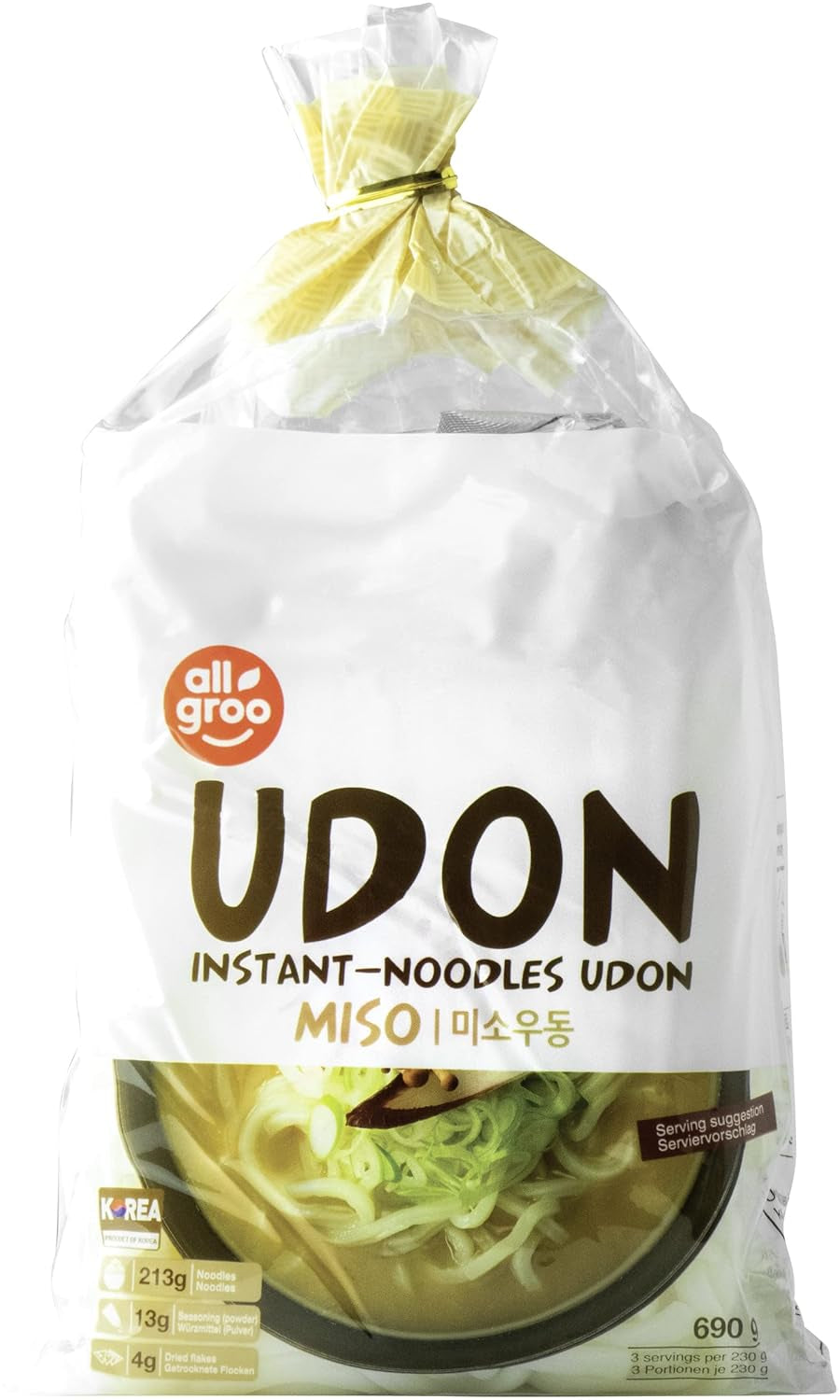 Nouilles instantanées Allgroo Udon - Miso, soupe Udon, épicée, aromatique, préparation rapide - contient 3 portions - 1 x 690 g