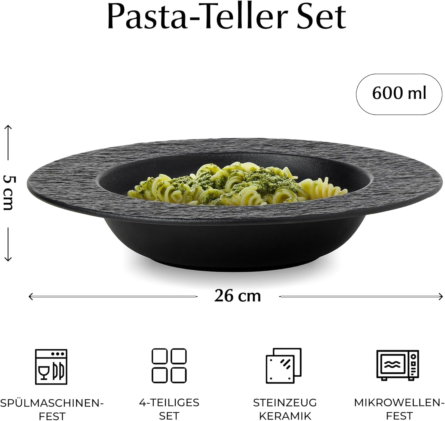 MIAMIO - Lot de 4 assiettes à pâtes de 26 cm de grande profondeur, vaisselle moderne en céramique noire et blanche, passe au micro-ondes et au lave-vaisselle – Collection Oasis (Noir)