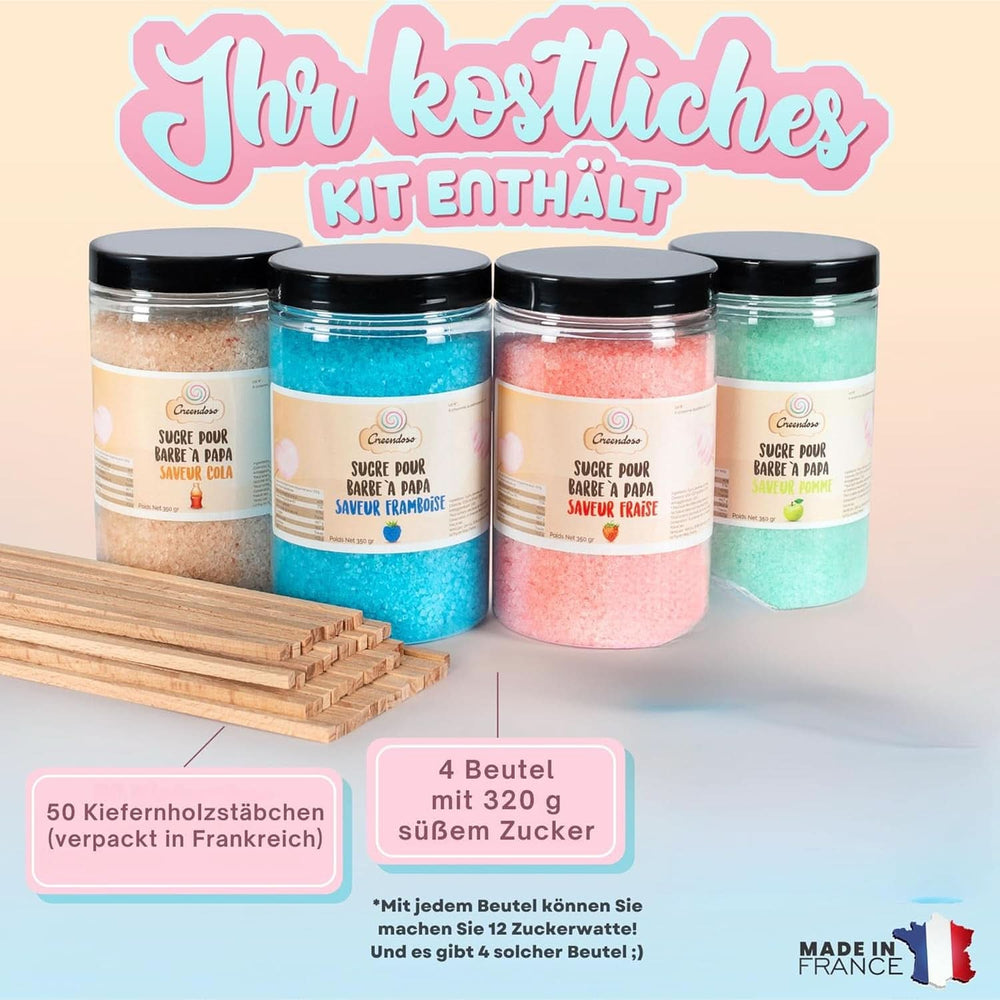 GREENDOSO® Barbe à papa pour machine à barbe à papa (4 x 320 grammes) - 4 parfums (fraise/cola/framboise/pomme) + 50 sticks - MADE in FRANCE Naty Shop