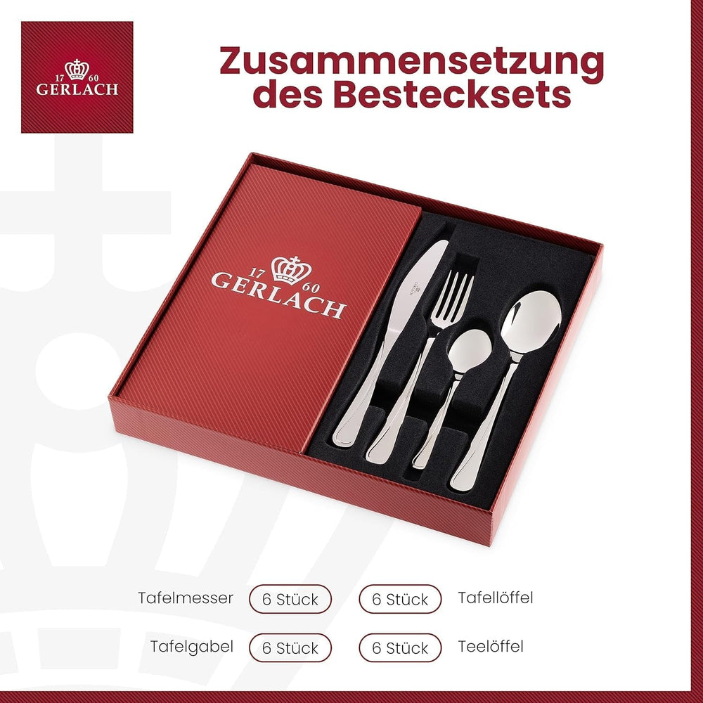 Gerlach Mango Besteck-Set 6 Personen Spülmaschinenfest Essbesteck Edelstahl Elegantes Besteck Messer Gabel Löffel Teelöffel Tafelbesteck Rostfrei 24 Stk, Silberglänzend Kitchen Naty Shop