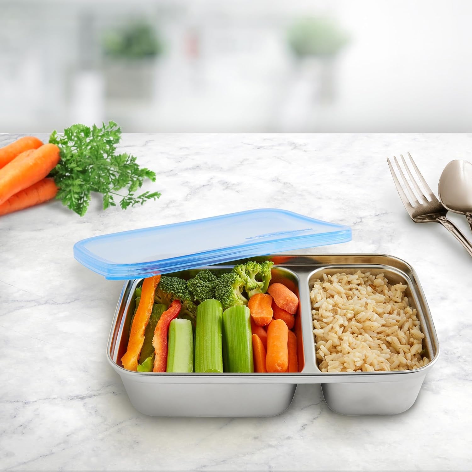 U Konserve - Récipient alimentaire rectangulaire divisé en acier inoxydable avec couvercle en silicone - Bleu sarcelle - Boîtes de conservation des aliments de 28 oz / 825 ml Naty Shop