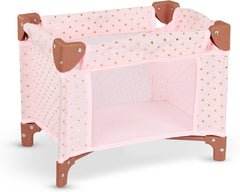 LullaBaby - Baby Puppen Laufstall - Faltbarer Puppen Laufstall in Rosa - Goldener Stern - Druckdesign - 36 cm Baby Puppe Kinderzimmer Zubehör - Vorgetäuschtes Spiel - Spielzeug für Kinder ab 2 Jahren