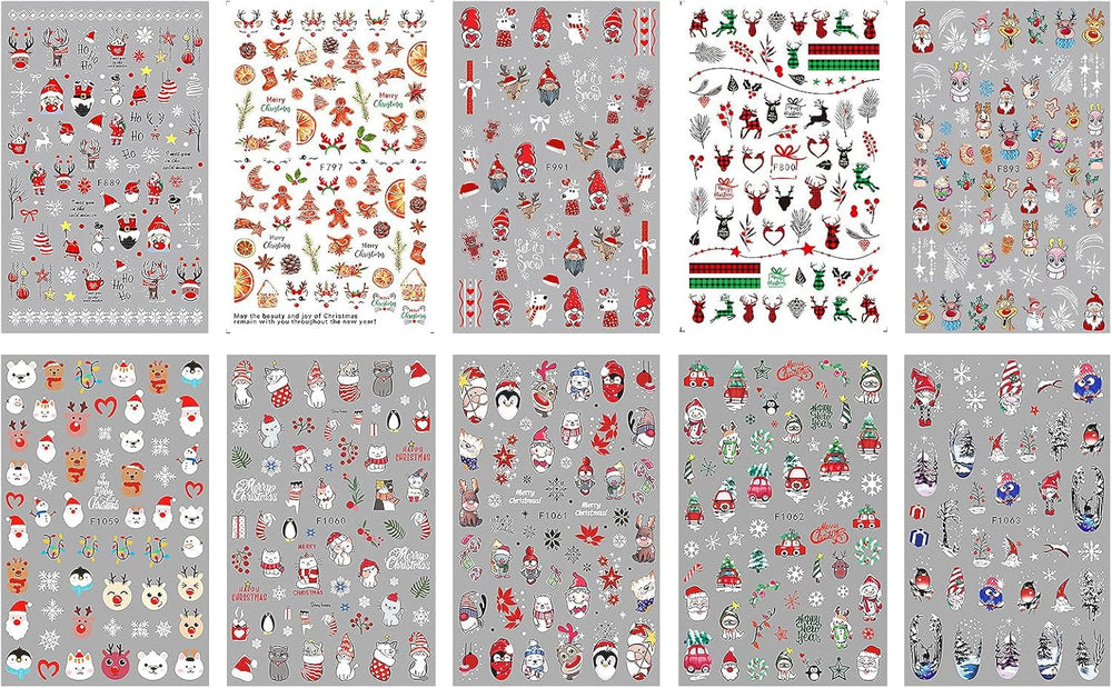JMEOWIO Nagelsticker Weihnachten 10 Blatt Nail Art Sticker Selbstklebend Nagelaufkleber Schneeflocke Winter Urlaub Süß Dekoration Nageldesign Zubehör