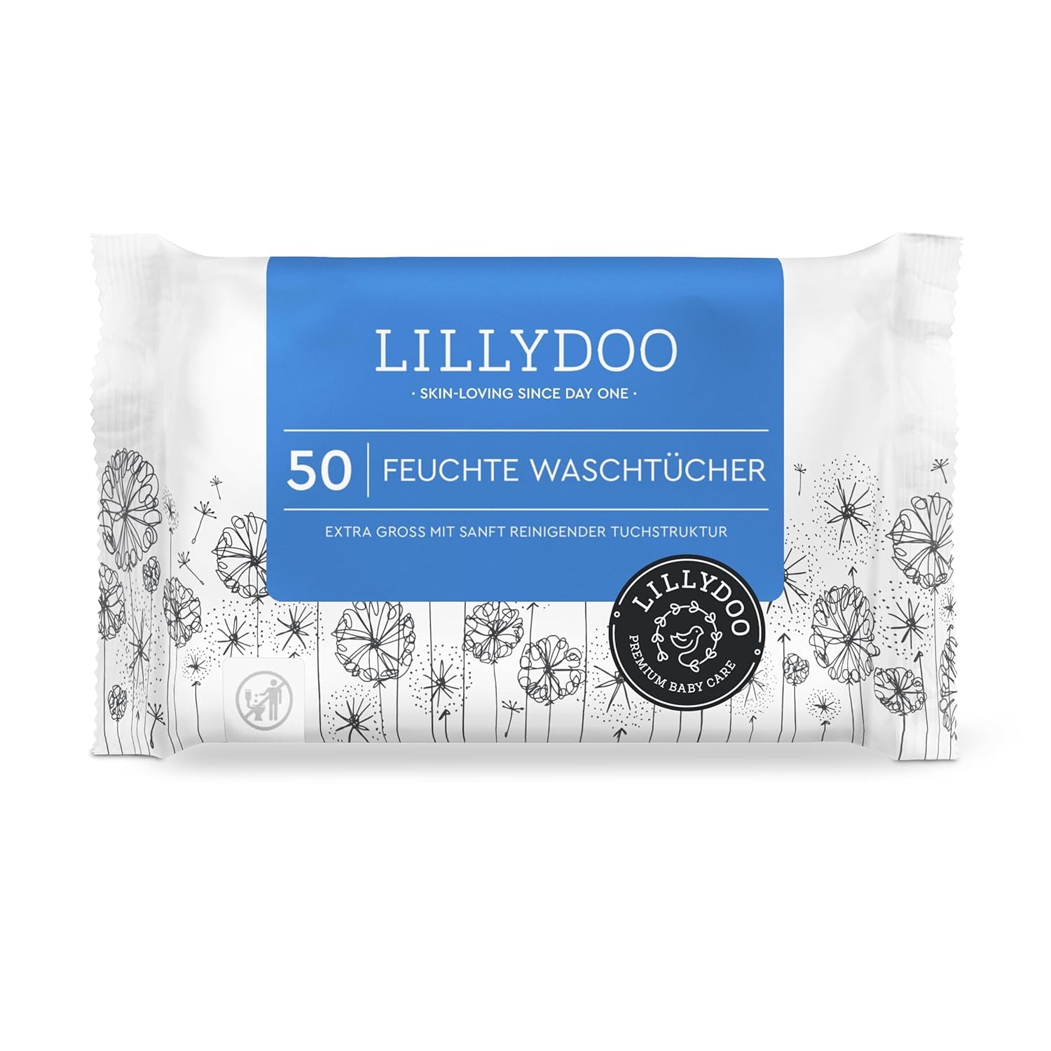 LILLYDOO Lingettes humides 50 pièces 100 % sans plastique, très grandes lingettes, non parfumées