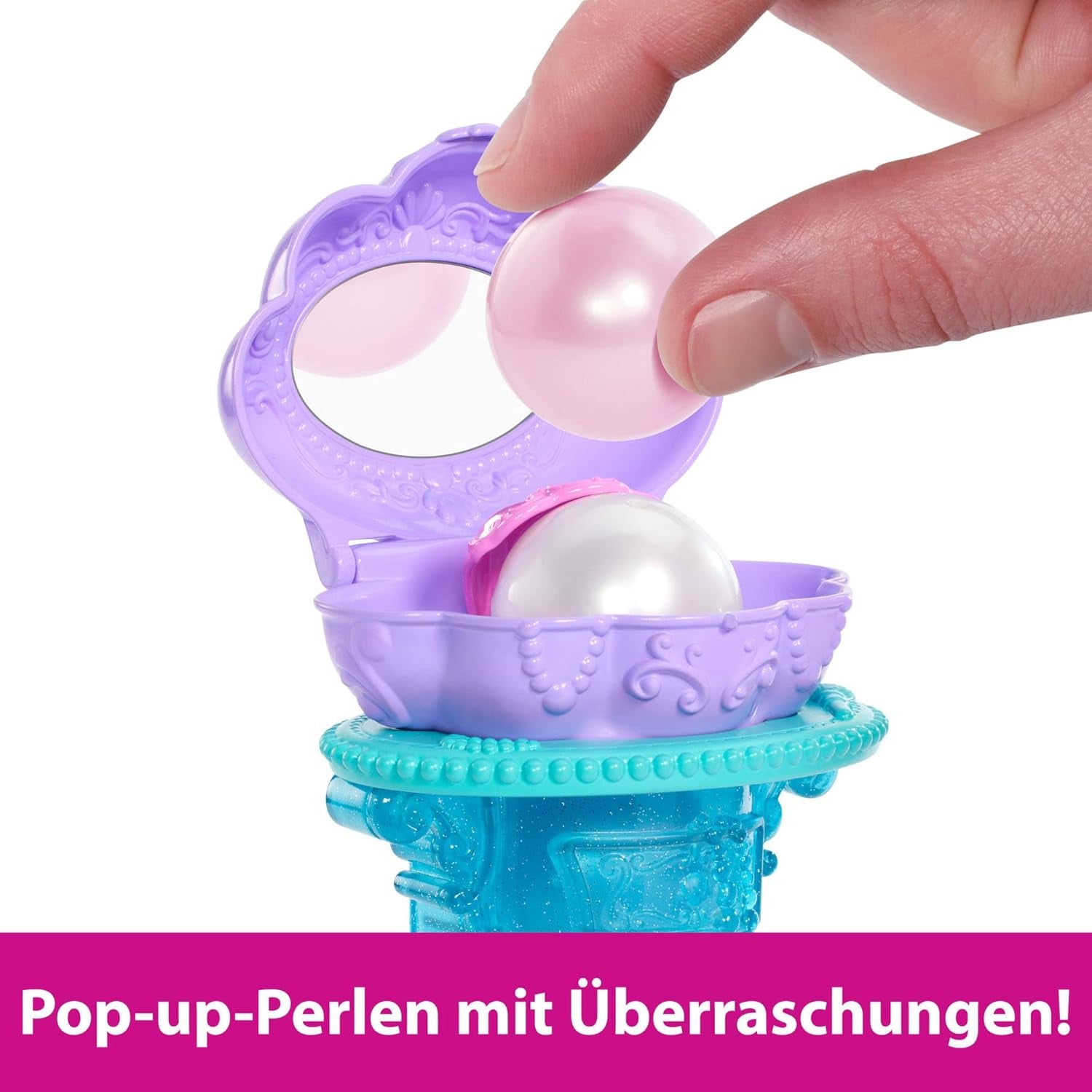 Mattel Disney Princess Toys, poupée mannequin sirène Ariel avec nageoire arrière amovible, coiffeuse avec 5 surprises pop-up répétables et 5 accessoires, JBF86