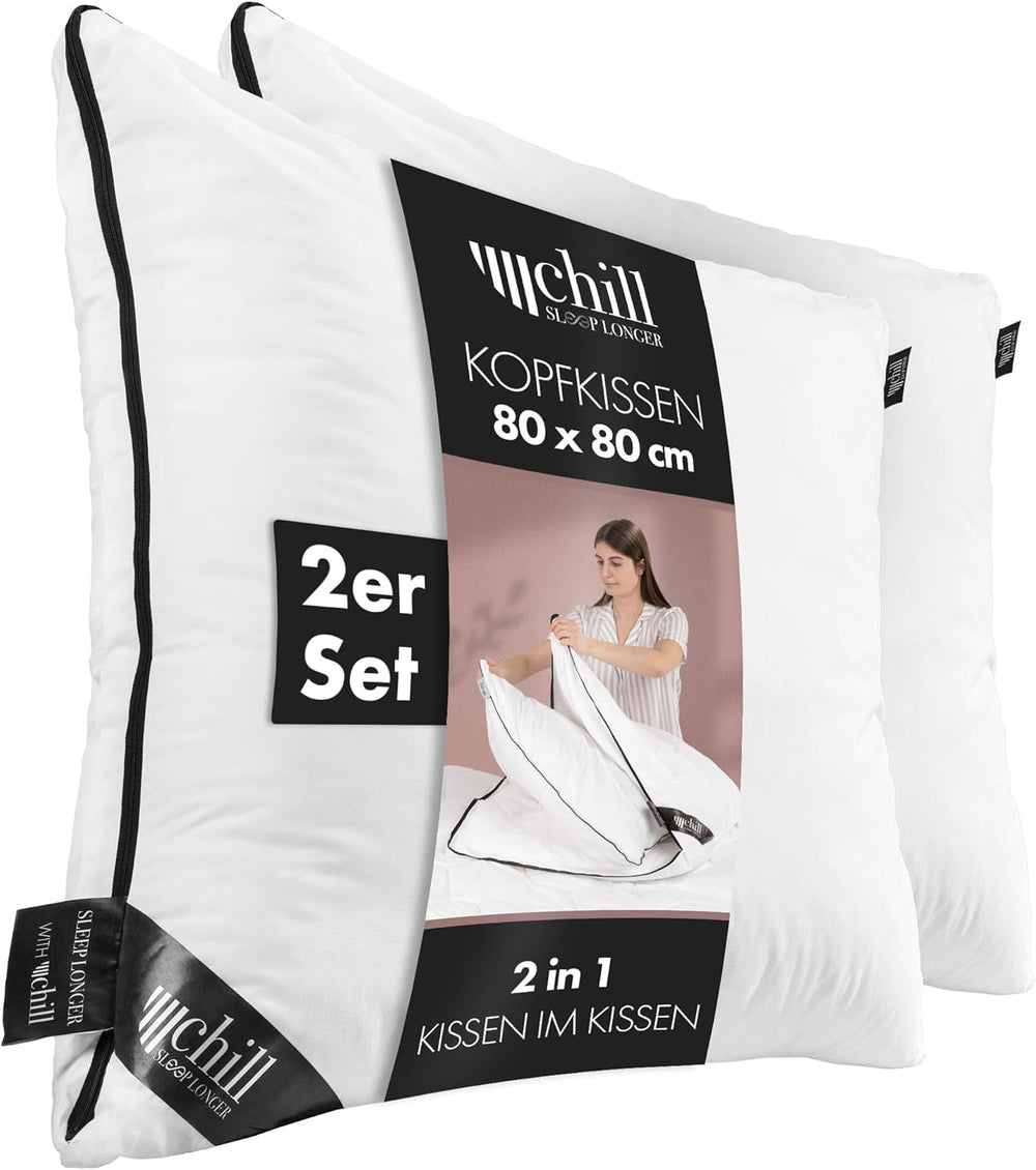 Oreiller 80X80 Cm - Design 2 en 1 - oreiller dans oreiller - grand oreiller de couchage respirant et lavable et 100% vegan - 2 oreillers 3 options - oreiller avec garnissage 600G & 1200G Oreillers standards Naty Shop Oreiller Premium Lot de 2 - 80 X 80 Cm