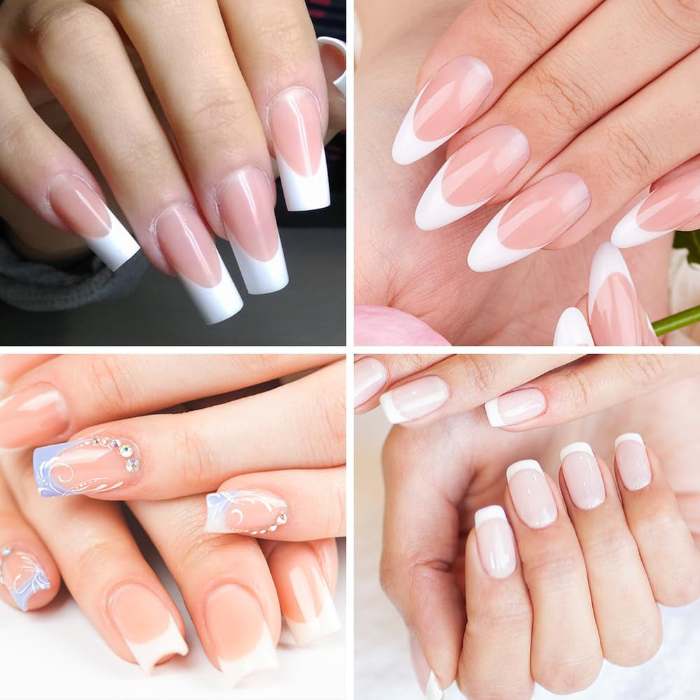 Lot de 240 faux ongles à pression française, 12 tailles, faux ongles avec colle pour femmes et hommes (blanc nu amande moyenne)