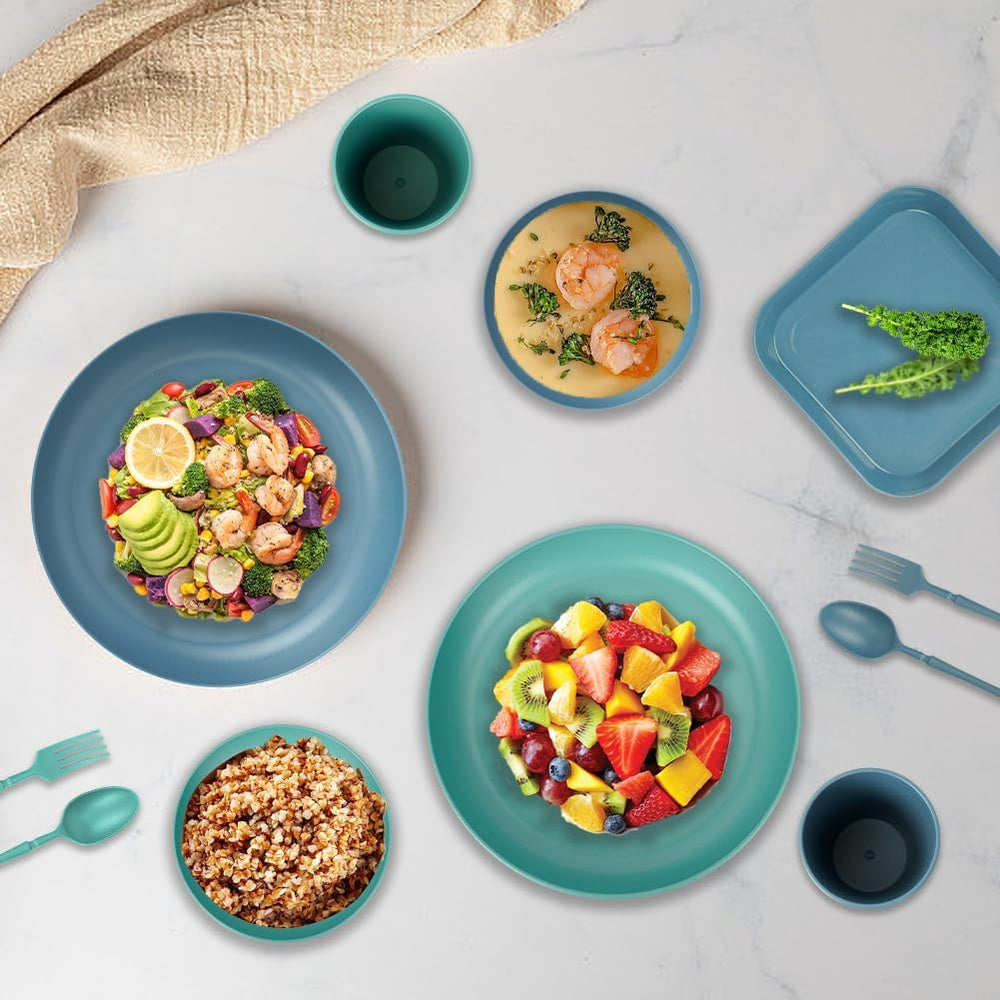 Ensemble de vaisselle de camping 53 pièces pour 4 personnes, vaisselle de camping indestructible pour 4 personnes, ensemble de vaisselle en plastique léger avec sac de transport, assiettes et bols empilables, vaisselle de pique-nique de jardin pour barbecue