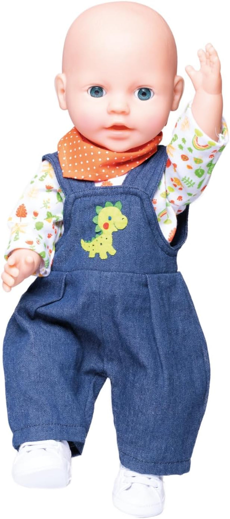 Heless 2115 - Bekleidungs-Set für Puppen im Dino-Design, 3 teilig mit Latzhose, T-Shirt und Halstuch, Größe 35 - 45 cm