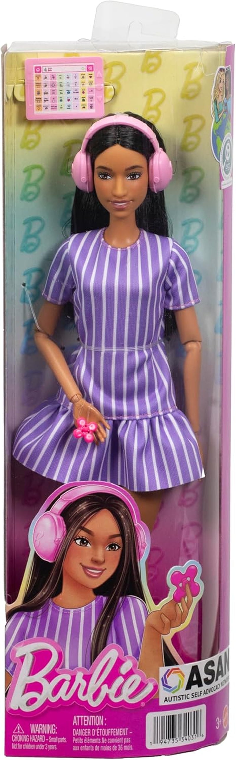 Poupée Barbie Fashionistas no. 245, poupée autiste avec robe rayée violette et accessoires comme fidget spinner, tablette et écouteurs, JJN58