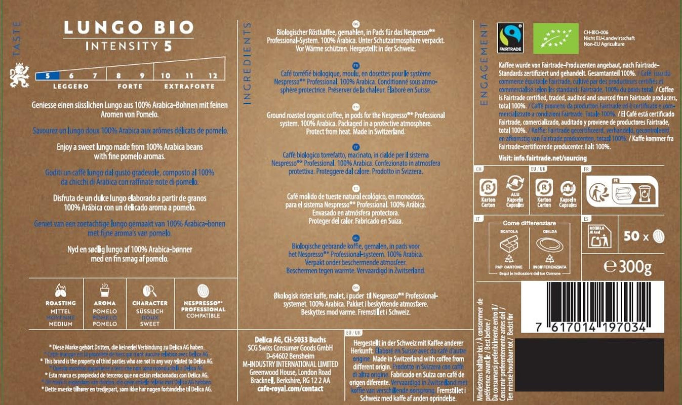 Café Royal Professional Pads, Bio Lungo, 50 Nespresso (R) Professional compatibles Pads for Office and Gastronomie, Bio et Fairtrade zertifiziert, 100 Prozent Arabica, Intensité 5
