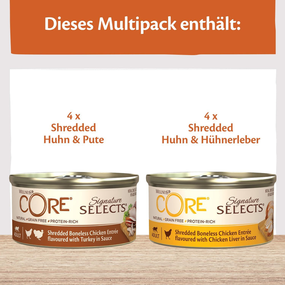 Wellness CORE Signature Selects 8 x 79g, Mélange Poulet et Dinde - Nourriture humide pour chat, délicieuses lanières en sauce, sans céréales, naturelle, hypoallergénique, riche en protéines, riche en viande