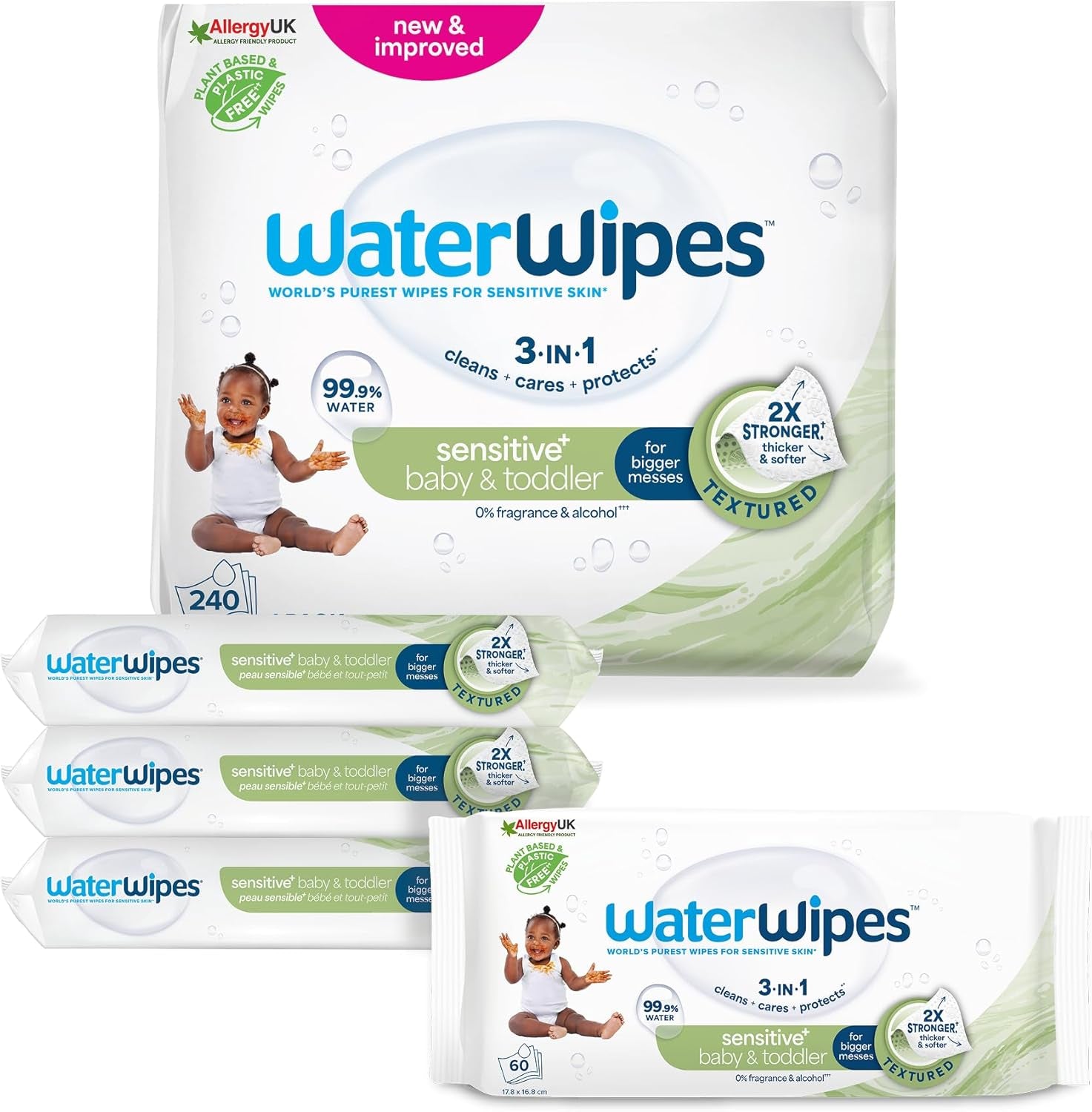 WaterWipes Sensitive+ Lingettes humides pour bébés et tout-petits, 720 unités (paquet de 12), nettoyage 3 en 1, entretien, protection, 99,9 % d'eau, nettoyage texturé, sans parfum