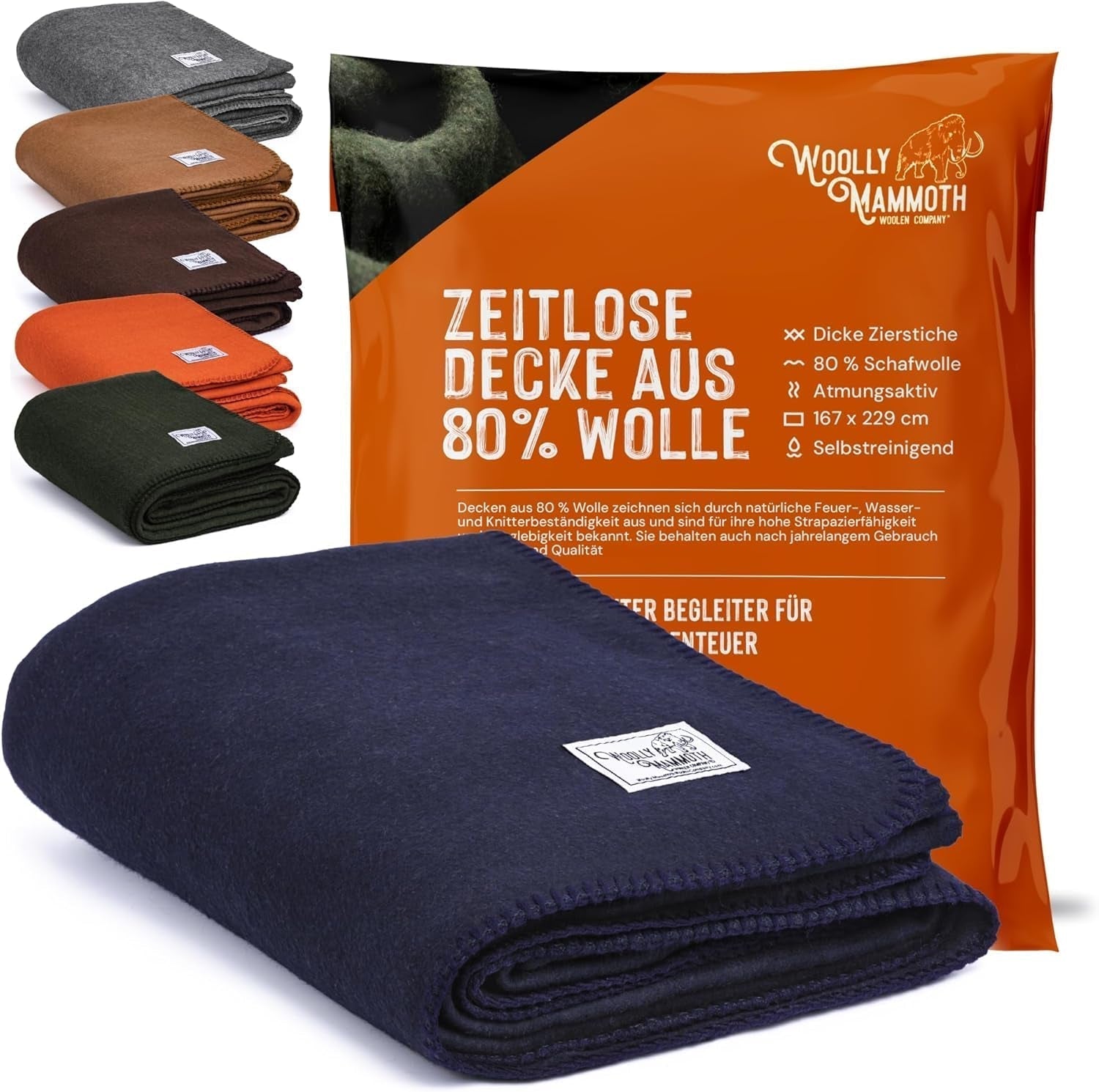 Couverture de camping Woolly Mammoth Woollen Co., extra large, laine mérinos, l'équipement extérieur parfait pour le bushcraft, le camping, le trekking, la randonnée, la survie ou la couverture de cabine. Marron, 168 x 228 Woolly Mammoth Woollen Company Lits et couvertures Bleu marine 66" X 90"