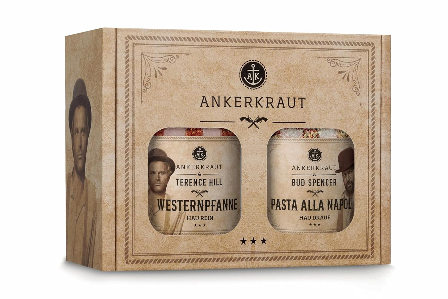 Ankerkraut Bud Spencer & Terence Hill Bagaluten Gewürz-Box, avec Westernpfanne et Pasta alla Napoli, Geschenk-Set, lecker kochen, 195 g Gewürze Inhalt