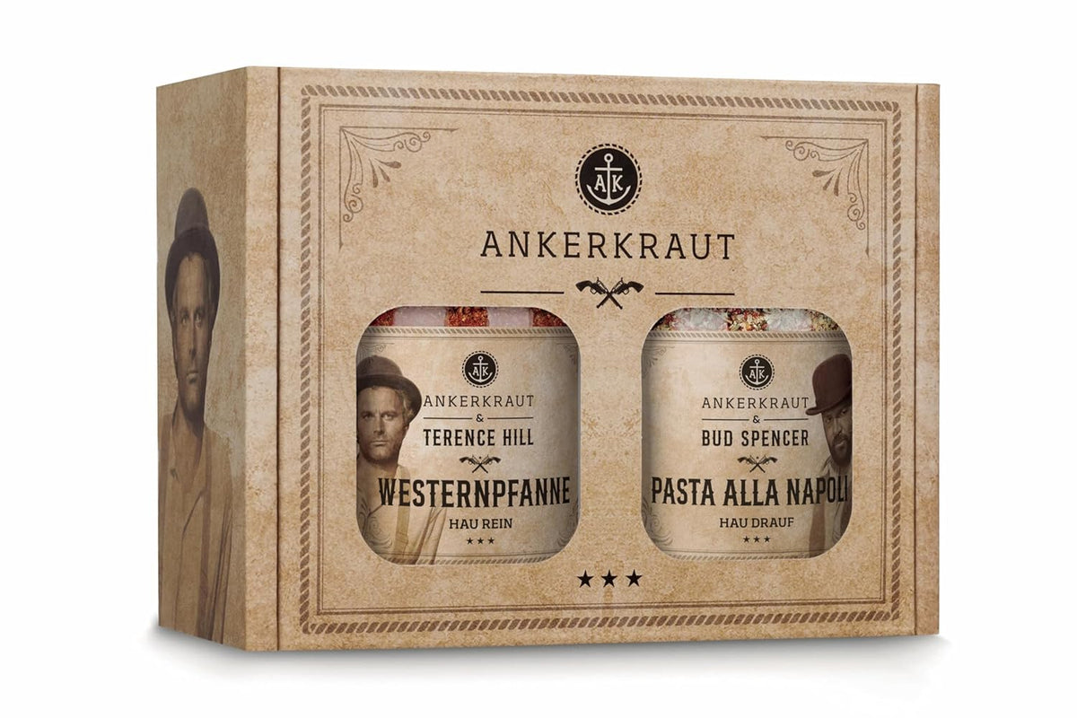 Ankerkraut Bud Spencer & Terence Hill Bagaluten Gewürz-Box, avec Westernpfanne et Pasta alla Napoli, Geschenk-Set, lecker kochen, 195 g Gewürze Inhalt