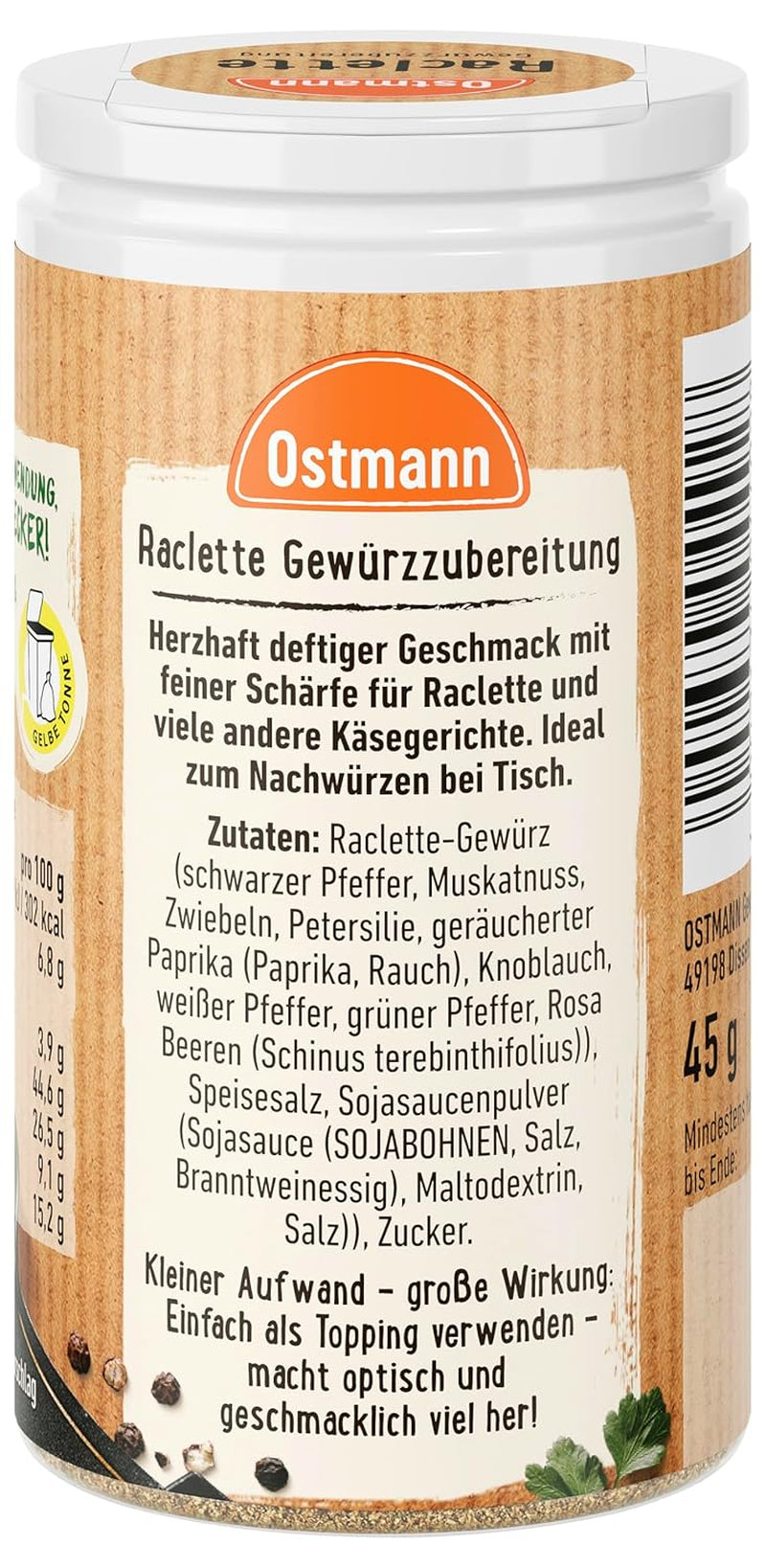 Ostmann Gewürze - Raclette Gewürzzubereitung | Zum Würzen von Käsegerichten | Recycler, nachfüllbare Streudose | 45 g dans du Streuer
