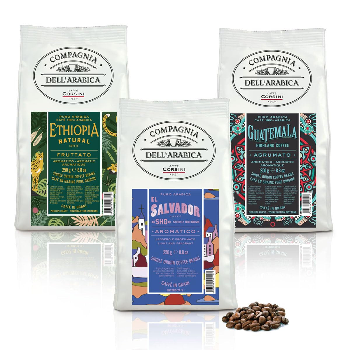Caffè Corsini - Café en grains 3 X 250 grammes, Compagnia Dell'Arabica, différentes saveurs, origine unique, total 750G Coffee Naty Shop Set Guatemala/Éthiopie/El Salvador Grains de café
