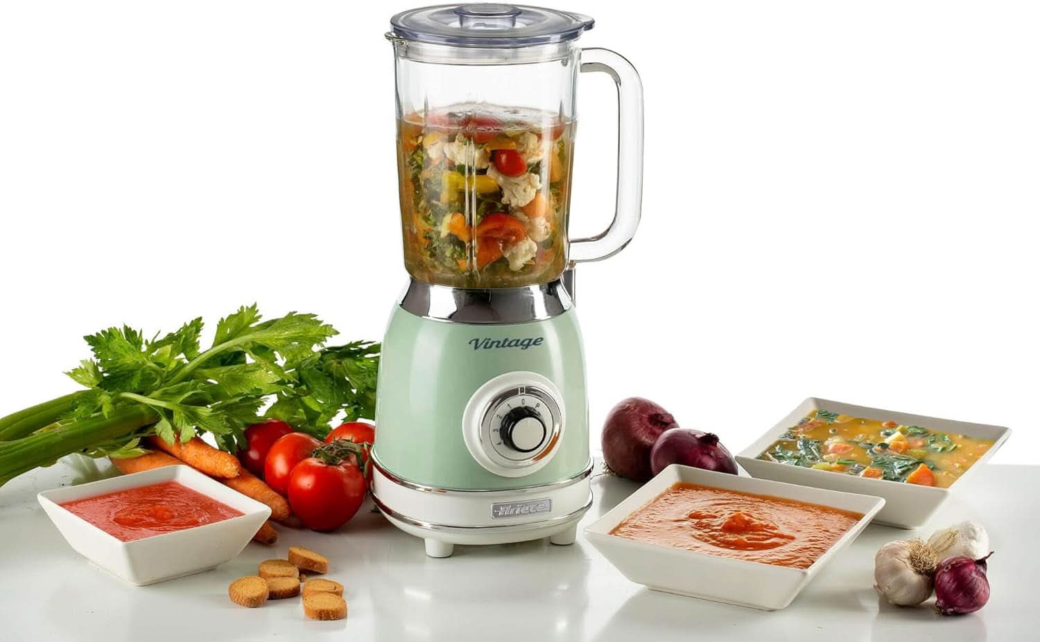 Ariete Vintage 583 Mixer Aus Glas, Retro Multifunktionsmixer Mit 4 Klingen, 4 Geschwindigkeiten + Pulse-Funktion, Ice-Crusher Function, 1,5 Liter Fassungsvermögen, 1000W, Green Kitchen Naty Shop