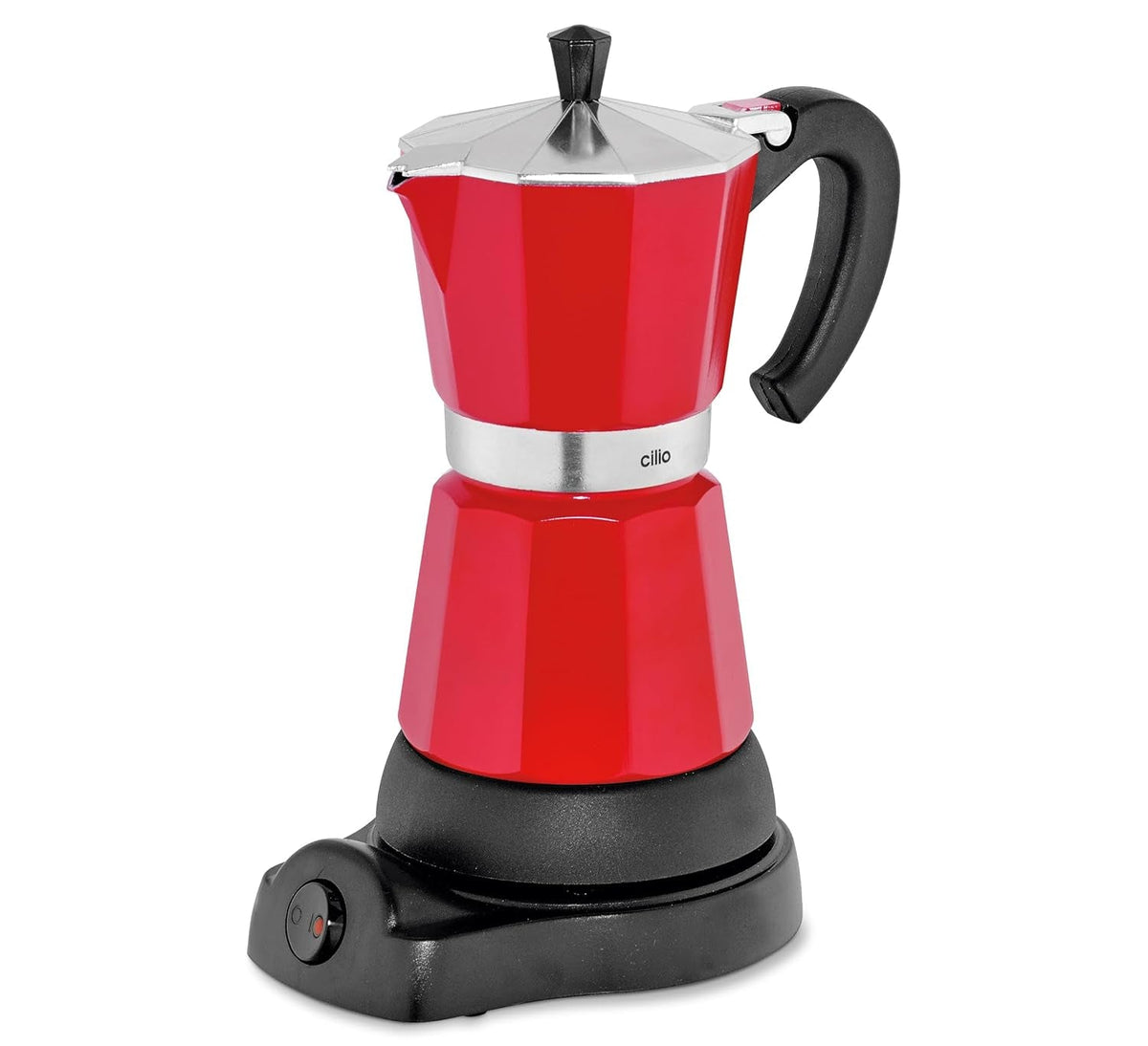 Machine à expresso Cilio Classico pour 6 tasses | électrique 480W | Ø 11,5 cm Hauteur : 25 cm | aluminium | rouge | table de cuisson intégrée | avec fonction de rétention de chaleur et filtre réducteur | pour voyager ou camper