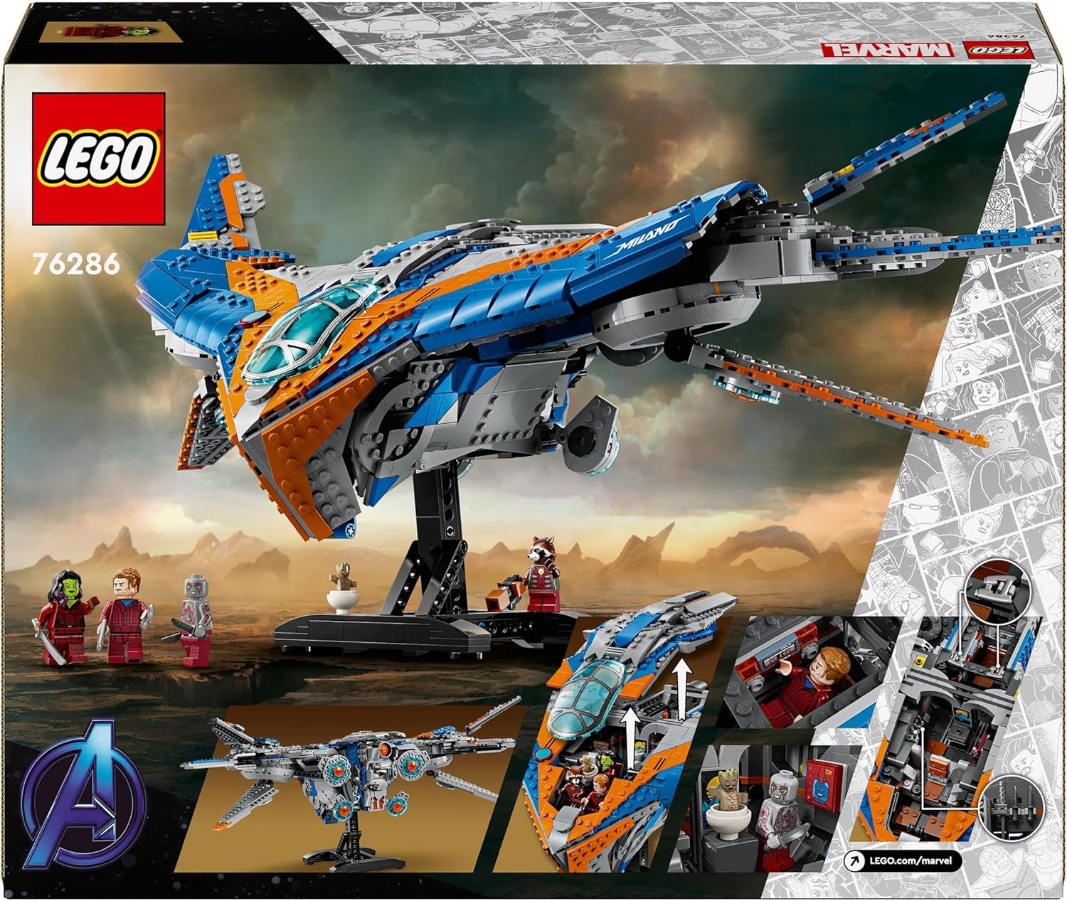 LEGO Marvel Les Gardiens de la Galaxie : le modèle de vaisseau spatial de construction Milano avec 4 figurines de super-héros Avengers Flyer pour les aventures spatiales Cadeau pour garçons et filles 76286 Jeux de construction Beuche den LEGO-Store