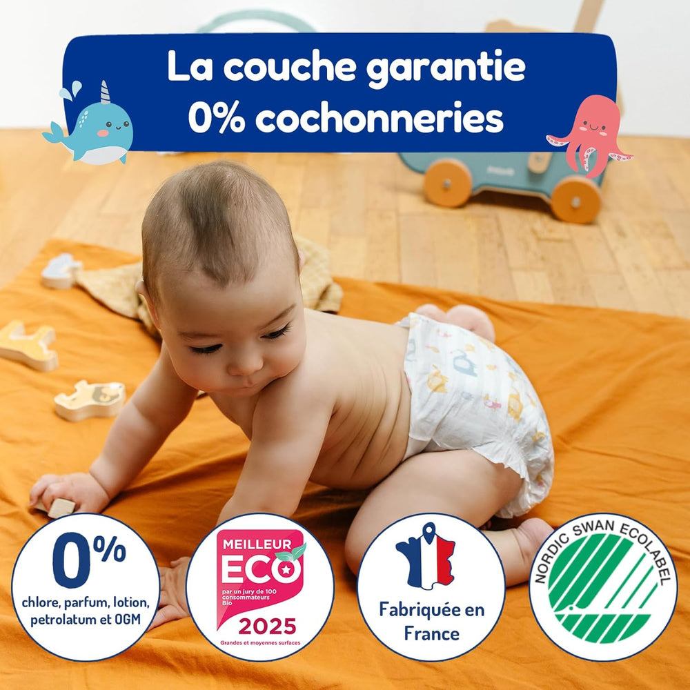 - Couche taille 4 (7 – 18 kg) – pour peaux sensibles – naturelle et très absorbante – étanche 12 heures – ohne unerwünschte Inhaltsstoffe – fabriquée en France – 132 couches