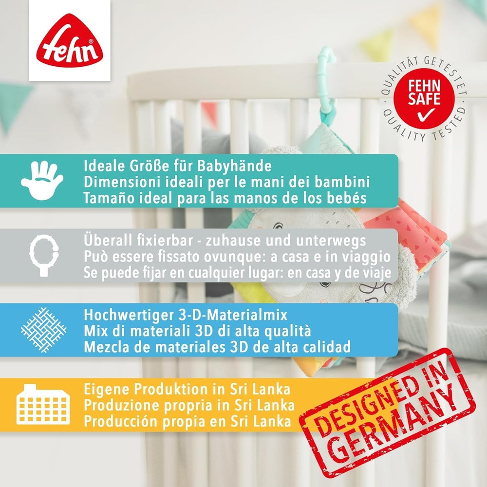 Fehn Soft imagier Bruno - livre doux pour bébés en tissu avec motifs d'animaux - livre de jouets en tissu à suspendre pour poussettes et sièges auto - livre avec des pétards pour bébés et enfants à partir de 0 mois Baby Toys Naty Shop