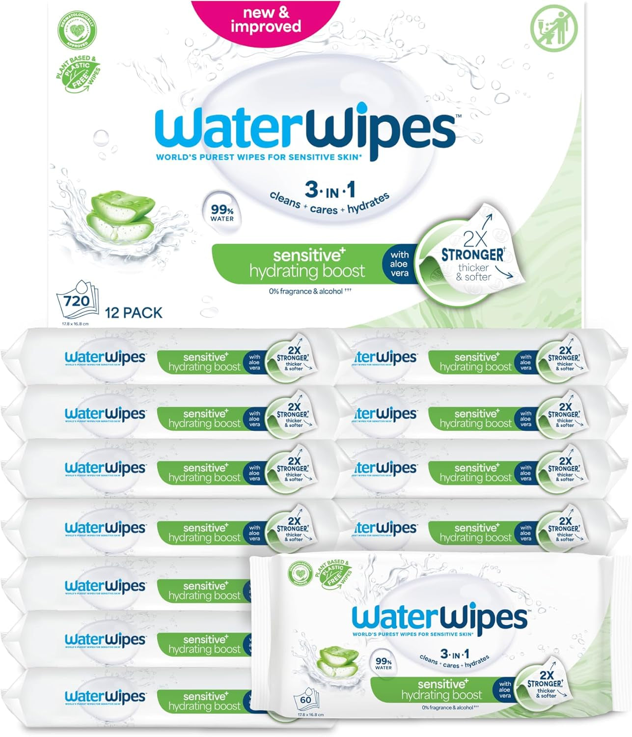 Lingettes humides WaterWipes Sensitive+ Hydrating Boost, lingettes hydratantes, 360 pièces (paquet de 6), nettoyage 3 en 1, soin, hydratation, 99 % d'eau d'aloe vera, lingettes pour bébé non parfumées