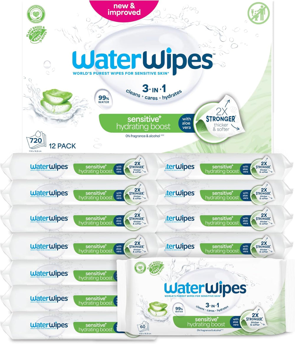 Lingettes humides WaterWipes Sensitive+ Hydrating Boost, lingettes hydratantes, 360 pièces (paquet de 6), nettoyage 3 en 1, soin, hydratation, 99 % d'eau d'aloe vera, lingettes pour bébé non parfumées