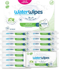 Lingettes humides WaterWipes Sensitive+ Hydrating Boost, lingettes hydratantes, 720 unités (paquet de 12), 3 en 1 propres, soignent, hydratent, 99 % d'eau d'aloe vera, lingettes pour bébé non parfumées