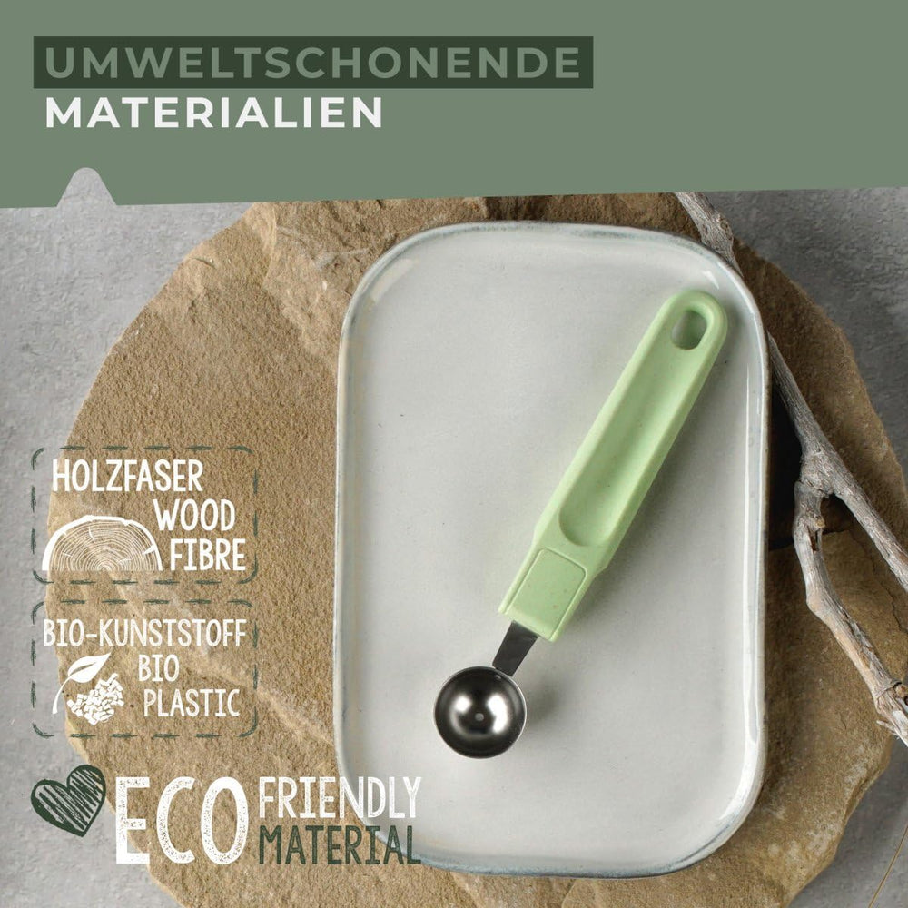 Fackelmann Ecolution Baller - Balle à fruits et à beurre en fibres de bois, bioplastique et acier inoxydable - Cuillère Paris 18 x 3 cm, vert menthe