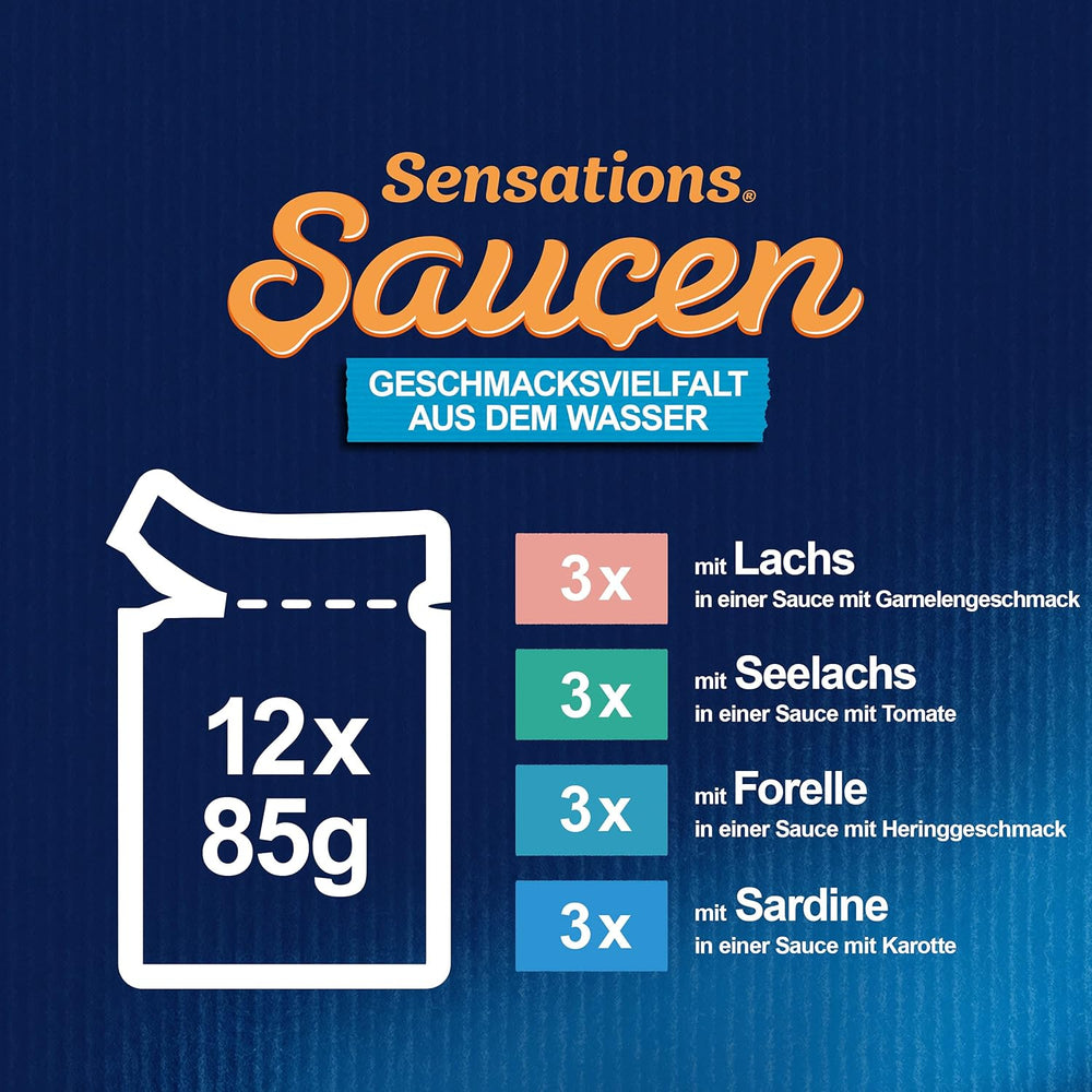Felix Sensations Sauces Hrană umedă pentru pisici, mix variat de pește, pachet de 6 (6 x 12 pliculețe a câte 85 g fiecare)