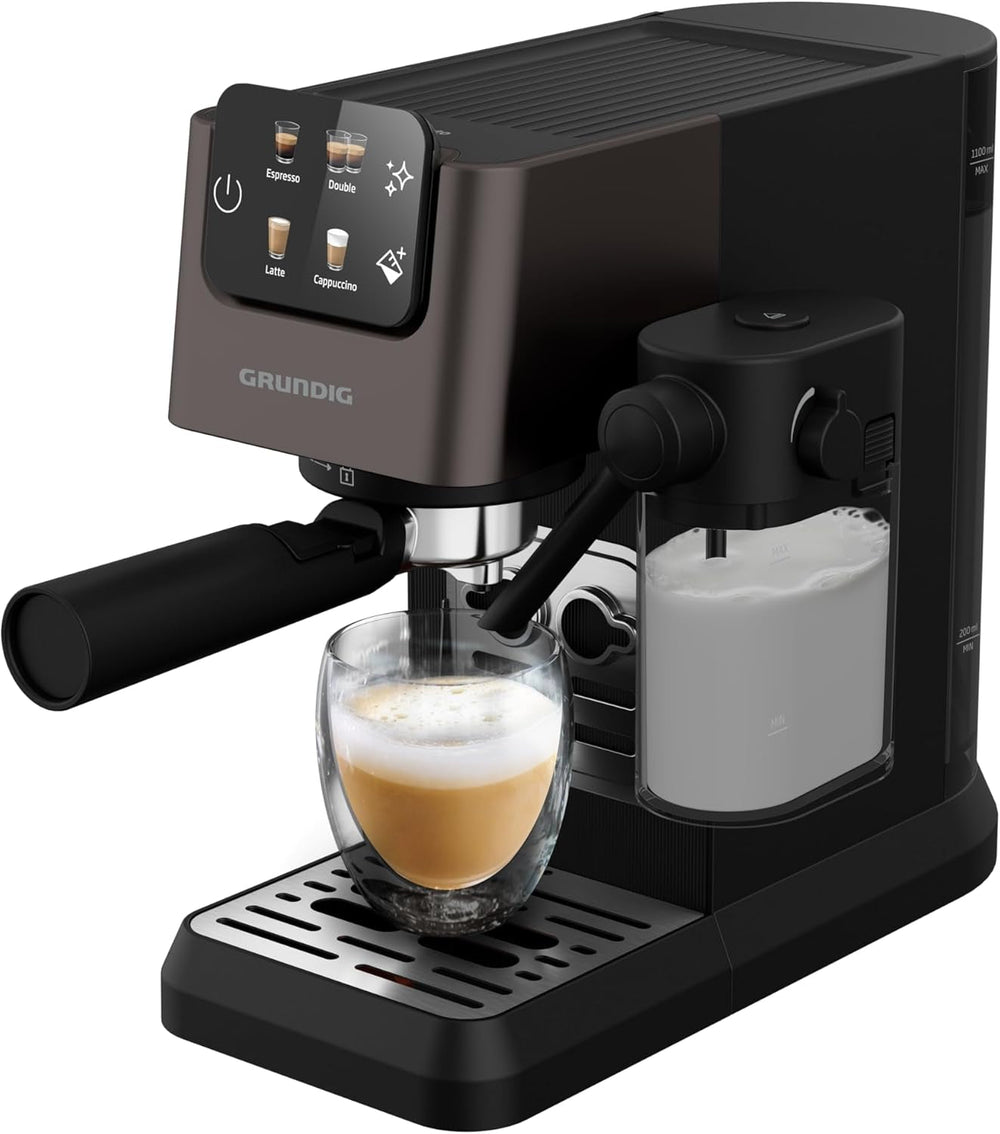 Espressor portafilter GRUNDIG KSM 5330 cu recipient de lapte integrat, putere 1628 W, presiune pompă 15 bar, duză dublă, afișaj tactil color, BrewSense, CreamyPro, Inox închis/Negru