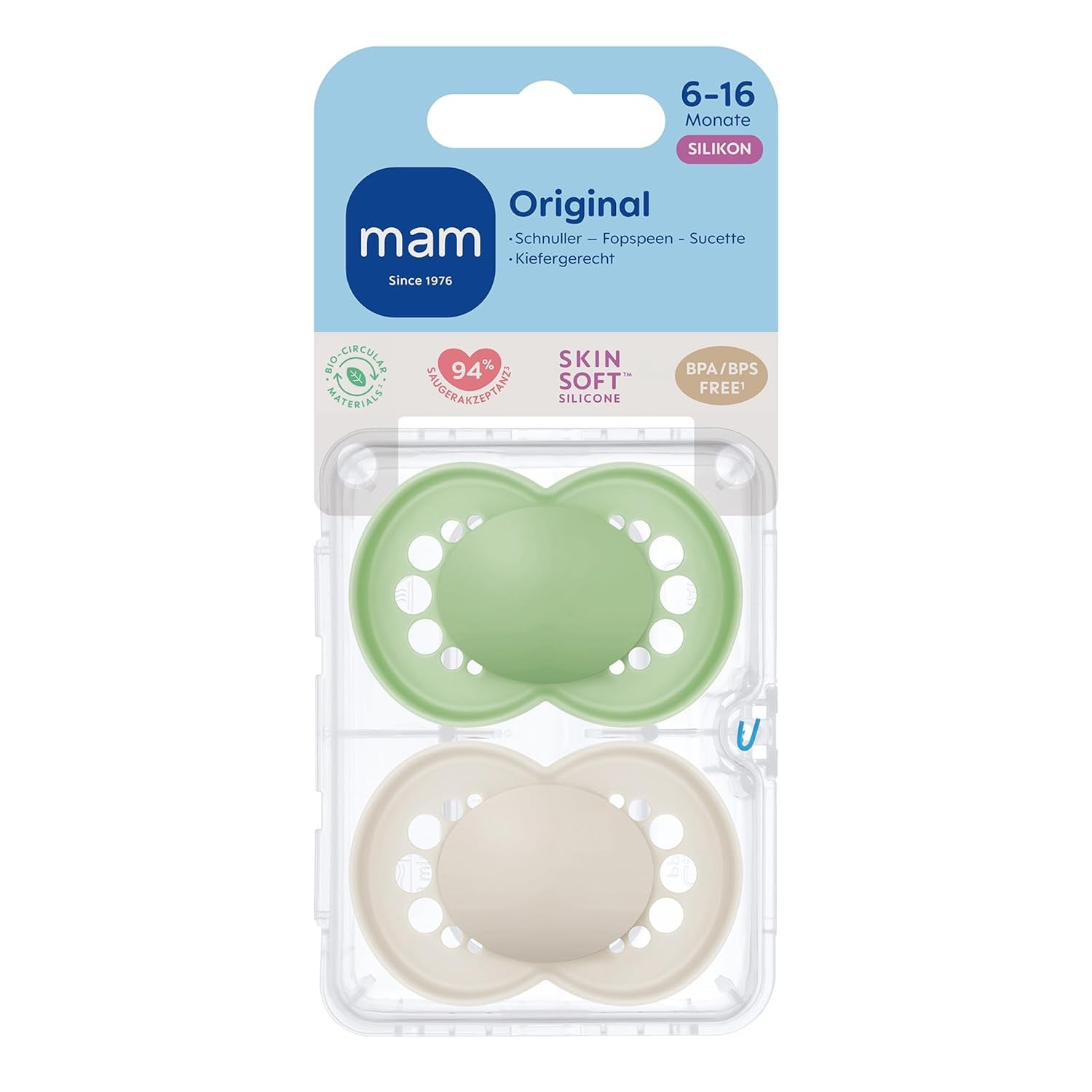 Sucettes MAM Original, paquet de 2, sucettes pour bébé respectueuses des dents, fabriquées à partir de matériaux durables et biorégénérables, tétines en silicone MAM SkinSoft, avec boîte à tétines, 6-16 mois, vert/beige