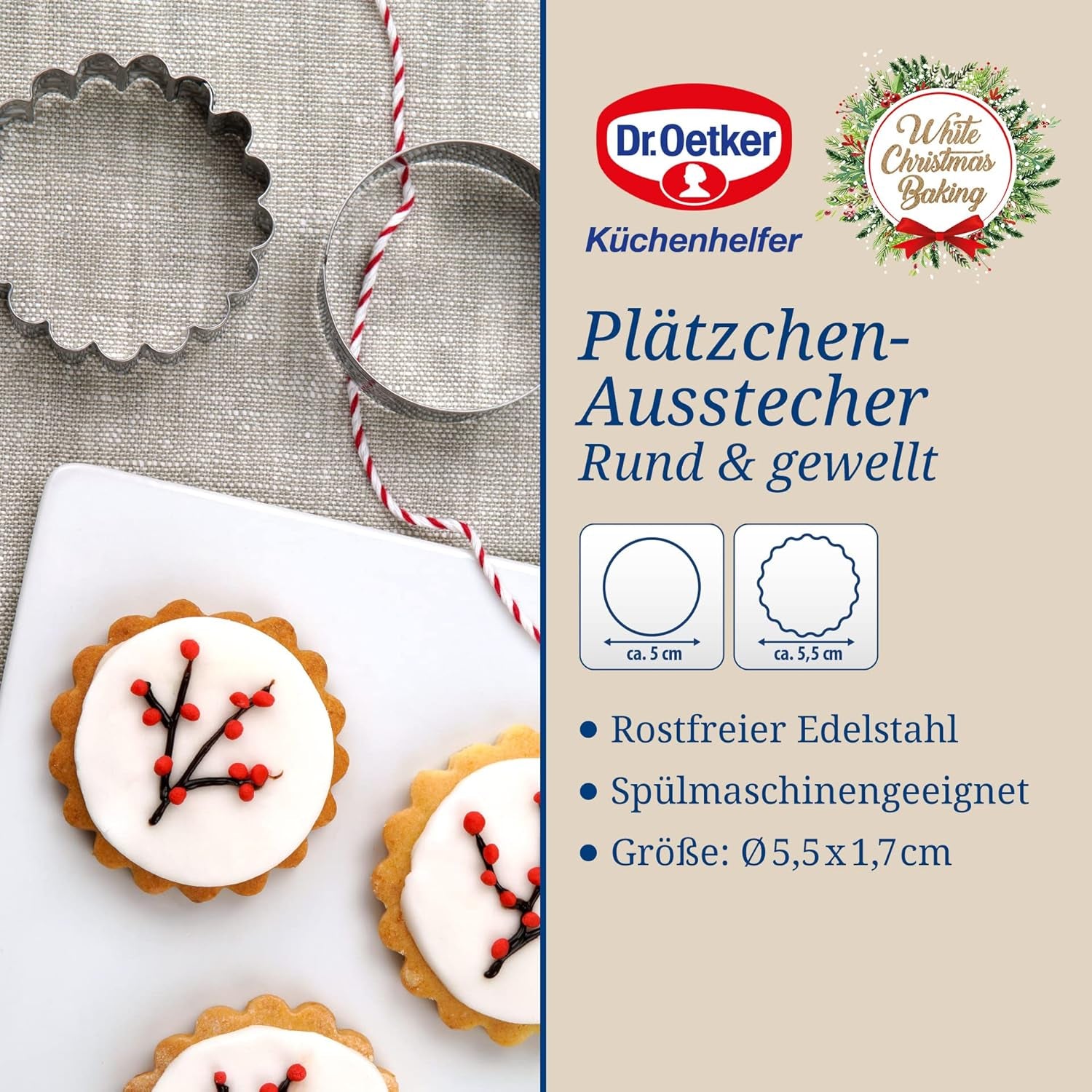 Dr. Oetker Lot de 2 emporte-pièces ronds et ondulés - Emporte-pièces motif Noël blanc - Emporte-pièces en acier inoxydable pour Noël